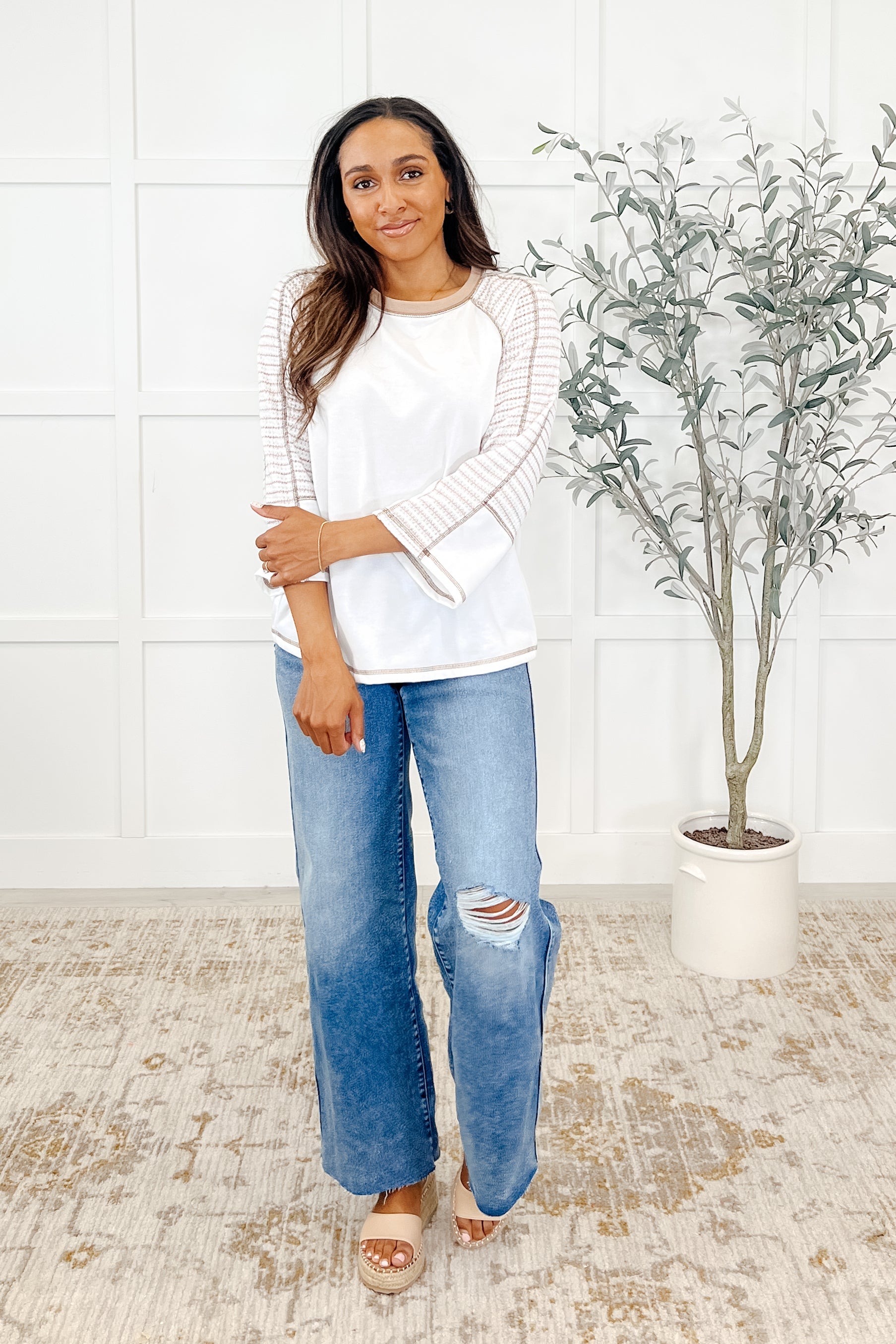 Preoccupied Striped Sleeve Top in Tan Womens Ave Shops- Tilden Co.