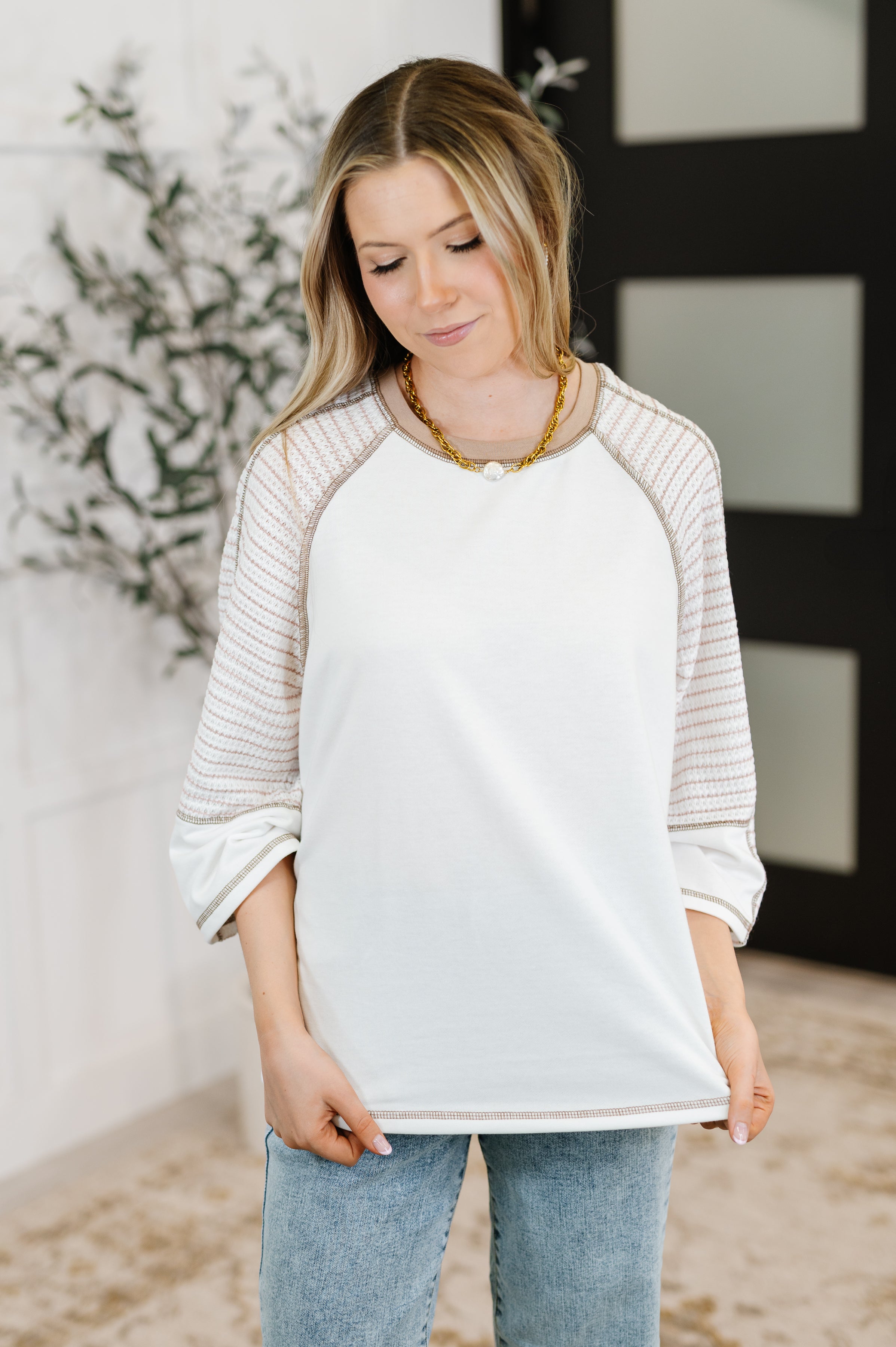 Preoccupied Striped Sleeve Top in Tan Womens Ave Shops- Tilden Co.
