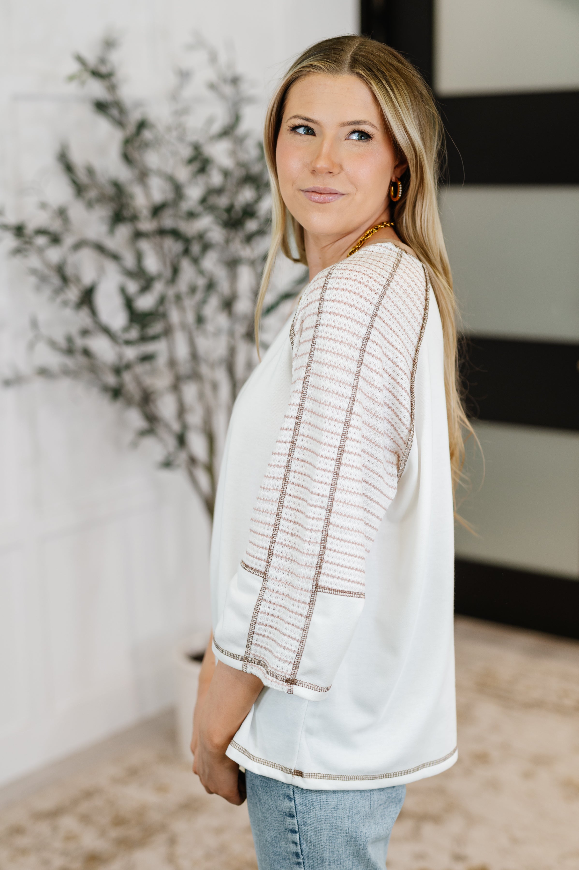 Preoccupied Striped Sleeve Top in Tan Womens Ave Shops- Tilden Co.