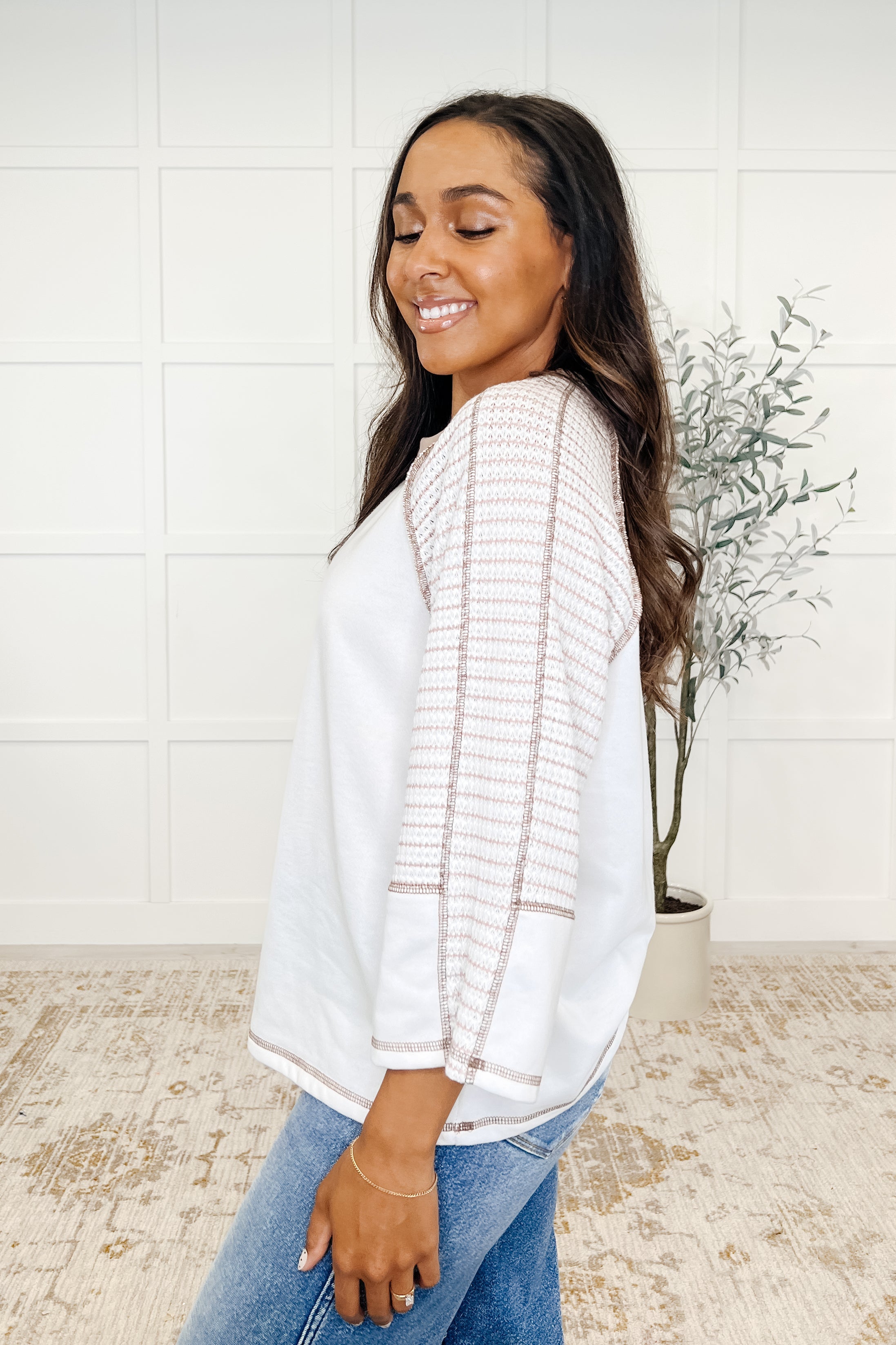 Preoccupied Striped Sleeve Top in Tan Womens Ave Shops- Tilden Co.