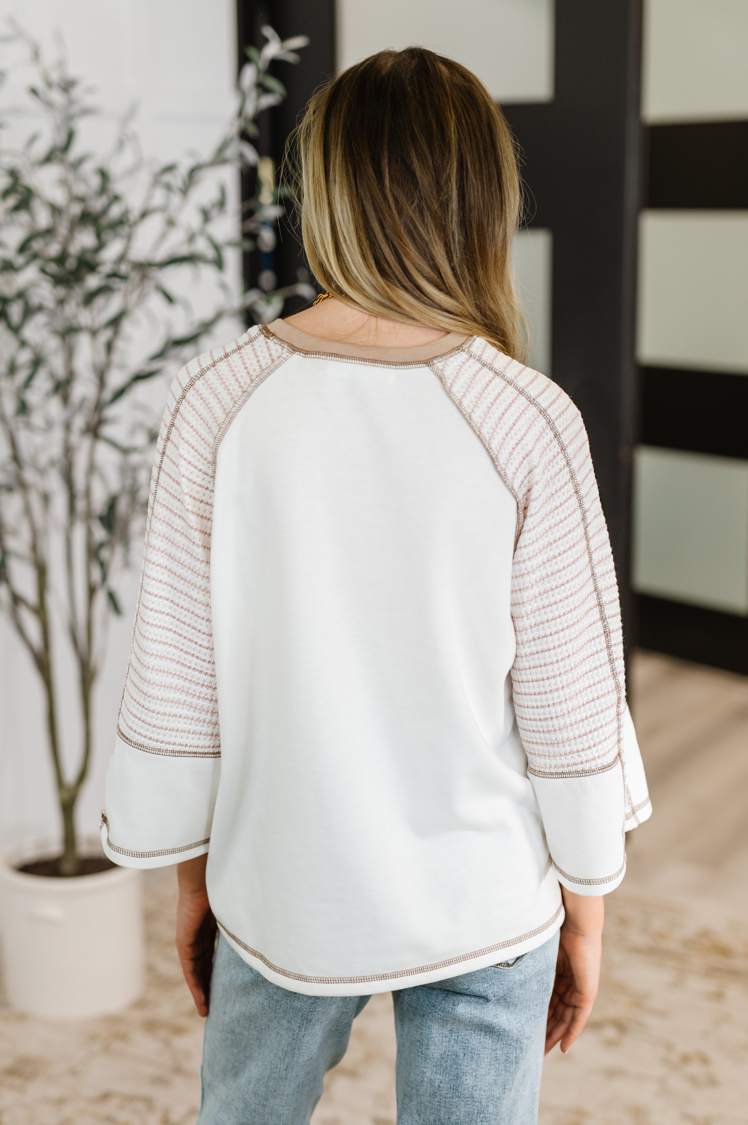 Preoccupied Striped Sleeve Top in Tan Womens Ave Shops- Tilden Co.