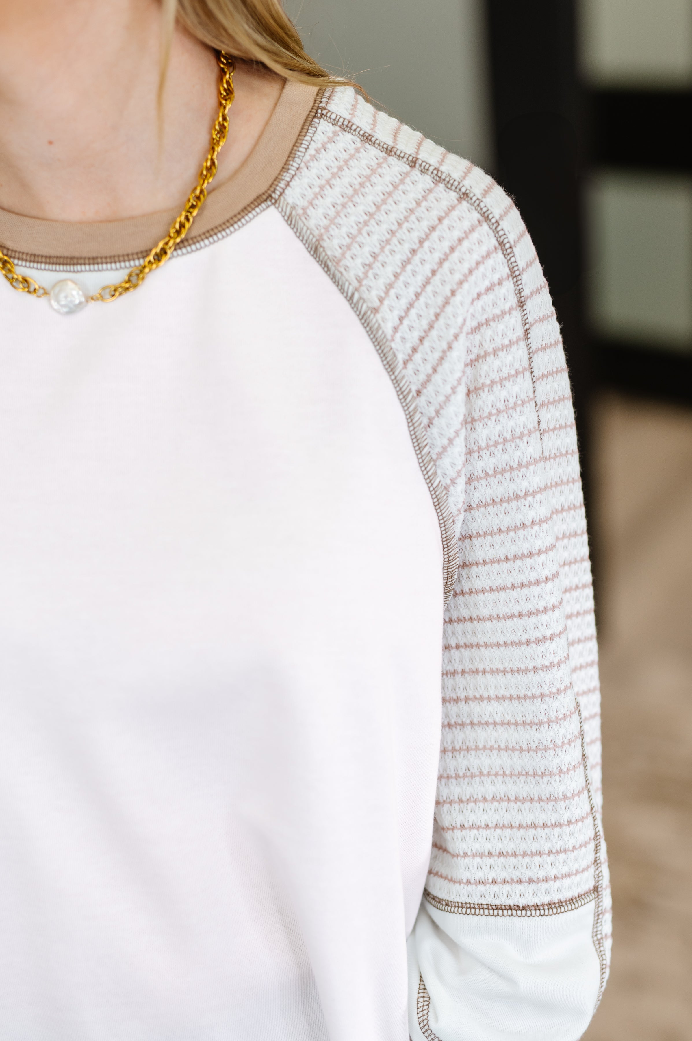 Preoccupied Striped Sleeve Top in Tan Womens Ave Shops- Tilden Co.