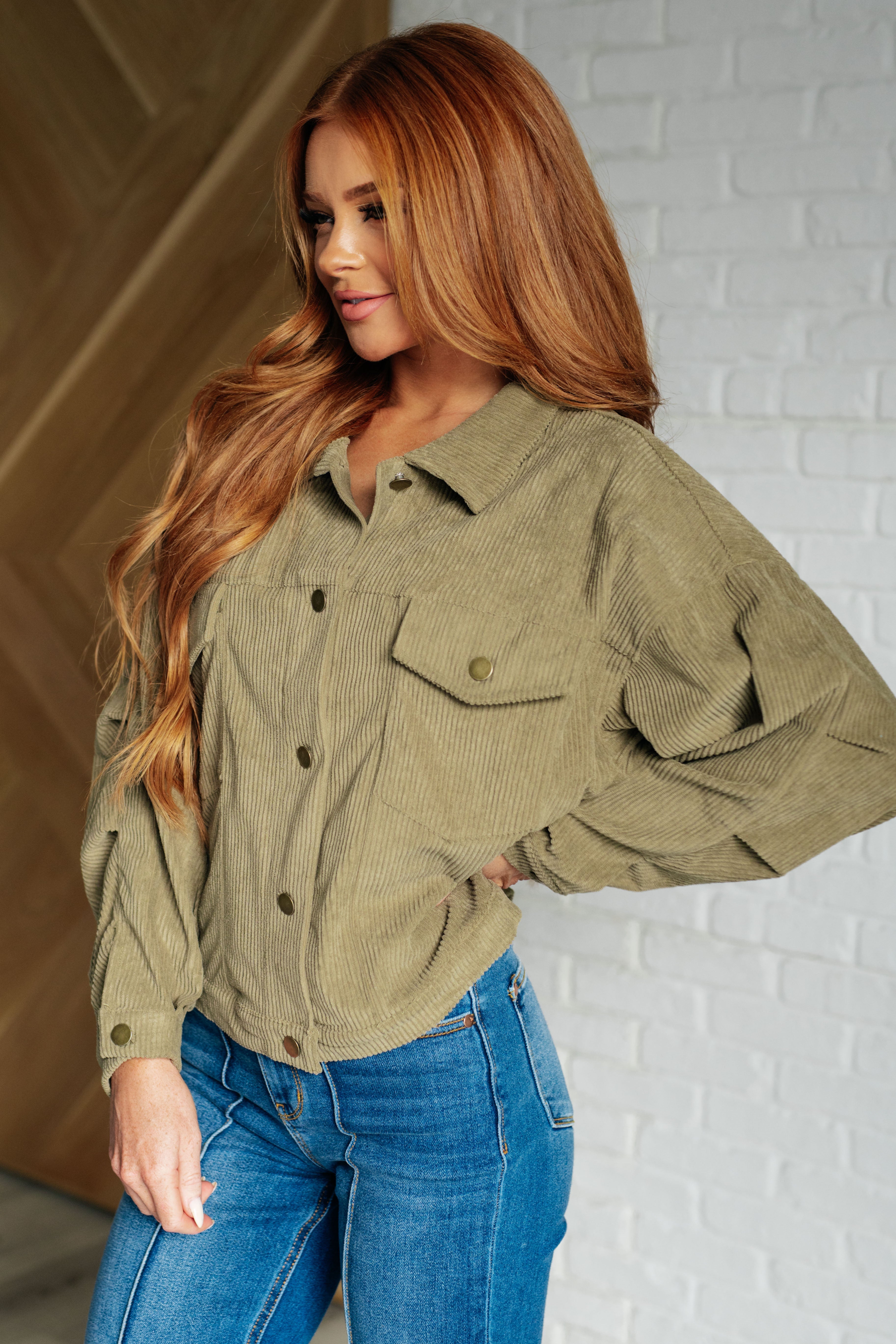 Primrose Corduroy Jacket in Olive    Layers Ave Shops- Tilden Co.