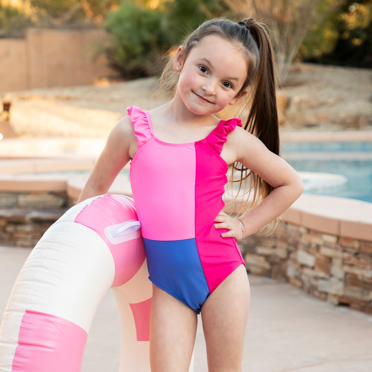 Puffy Sleeve One Piece Swimsuit (Girls) Fuchsia Color Block / 2T Fuchsia Color Block 2T One Piece Swimsuit Janela Bay- Tilden Co.