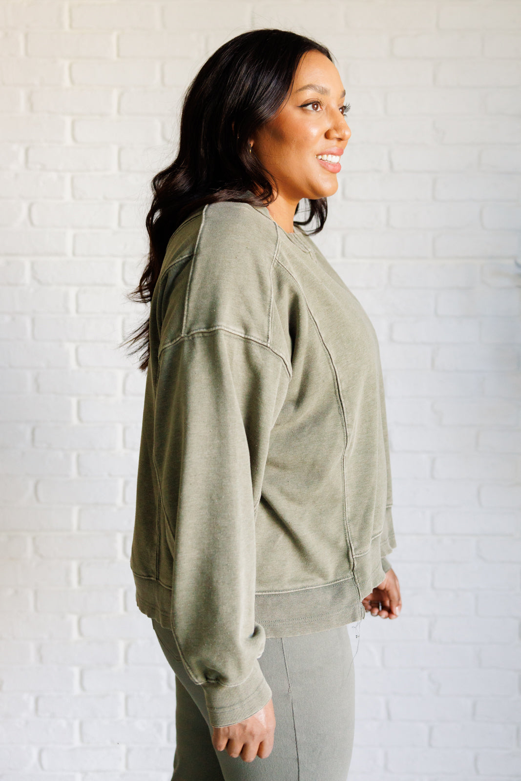 Quick Fix Mineral Wash Crew Neck Pullover in Army Green    Tops Ave Shops- Tilden Co.