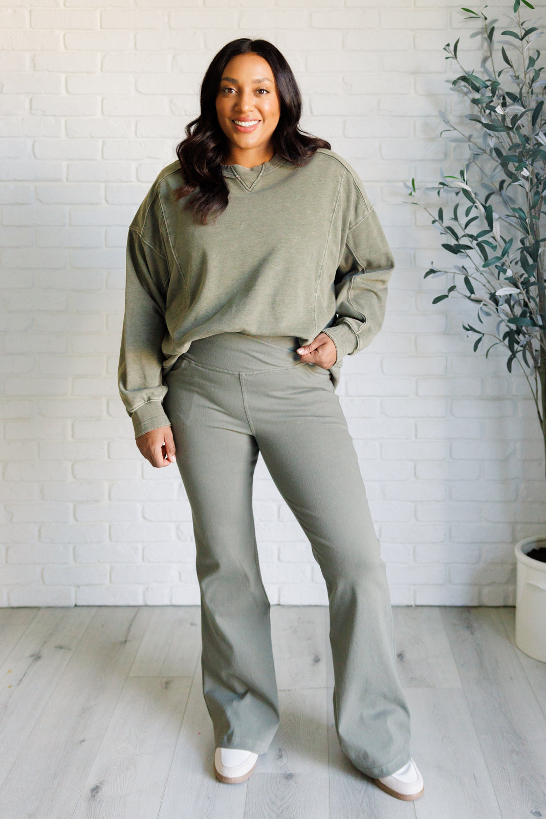 Building Habits Twill Flared Crossover Waist Pant in Dusty Olive    Bottoms Ave Shops- Tilden Co.