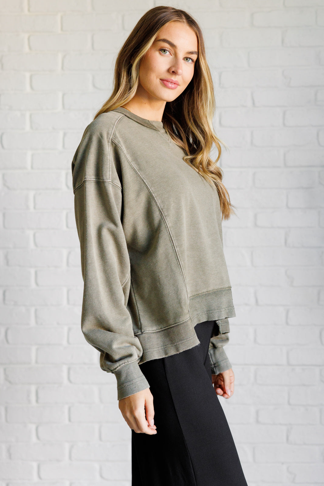 Quick Fix Mineral Wash Crew Neck Pullover in Army Green    Tops Ave Shops- Tilden Co.