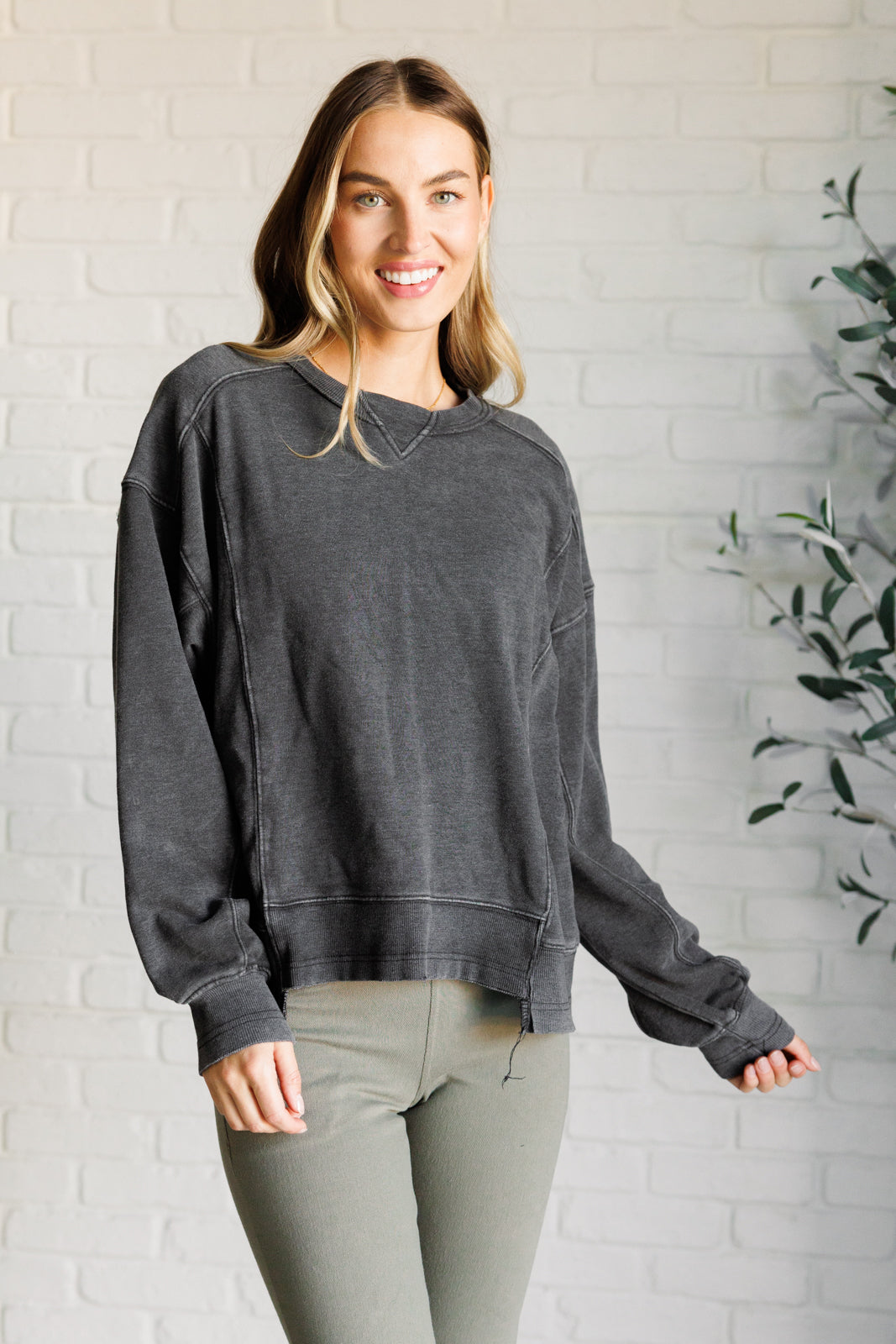 Quick Fix Mineral Wash Crew Neck Pullover in Black    Tops Ave Shops- Tilden Co.