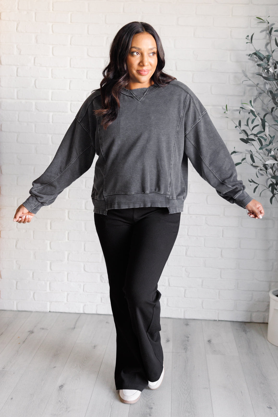 Quick Fix Mineral Wash Crew Neck Pullover in Black    Tops Ave Shops- Tilden Co.