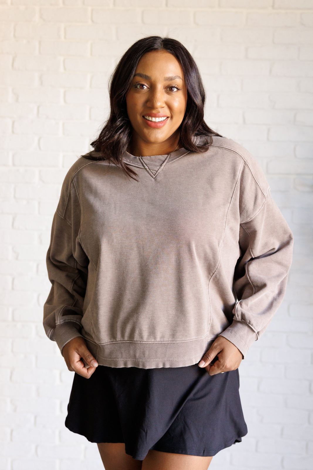 Quick Fix Mineral Wash Crew Neck Pullover in Mocha    Tops Ave Shops- Tilden Co.