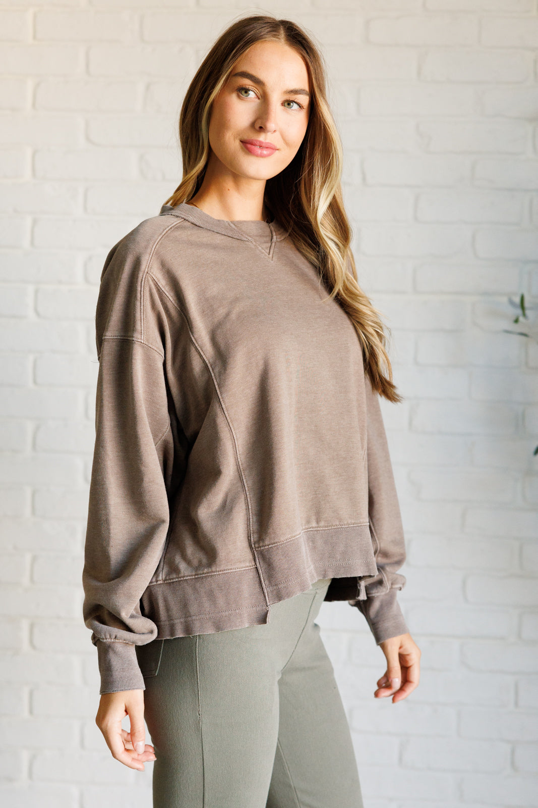 Quick Fix Mineral Wash Crew Neck Pullover in Mocha    Tops Ave Shops- Tilden Co.