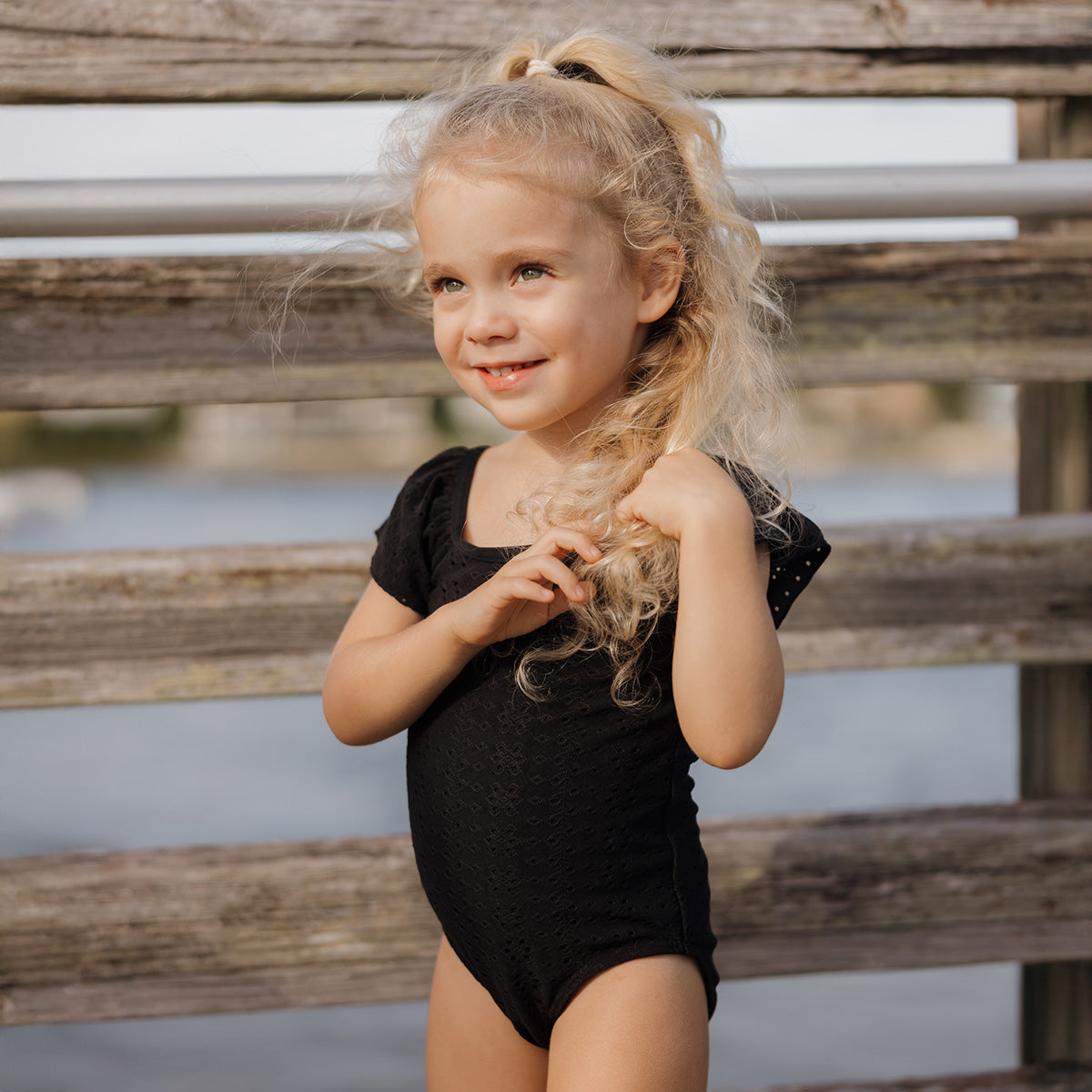 Ruffle Sleeve One Piece (Girls) Black Eyelet / 2T Black Eyelet 2T Janela Bay- Tilden Co.