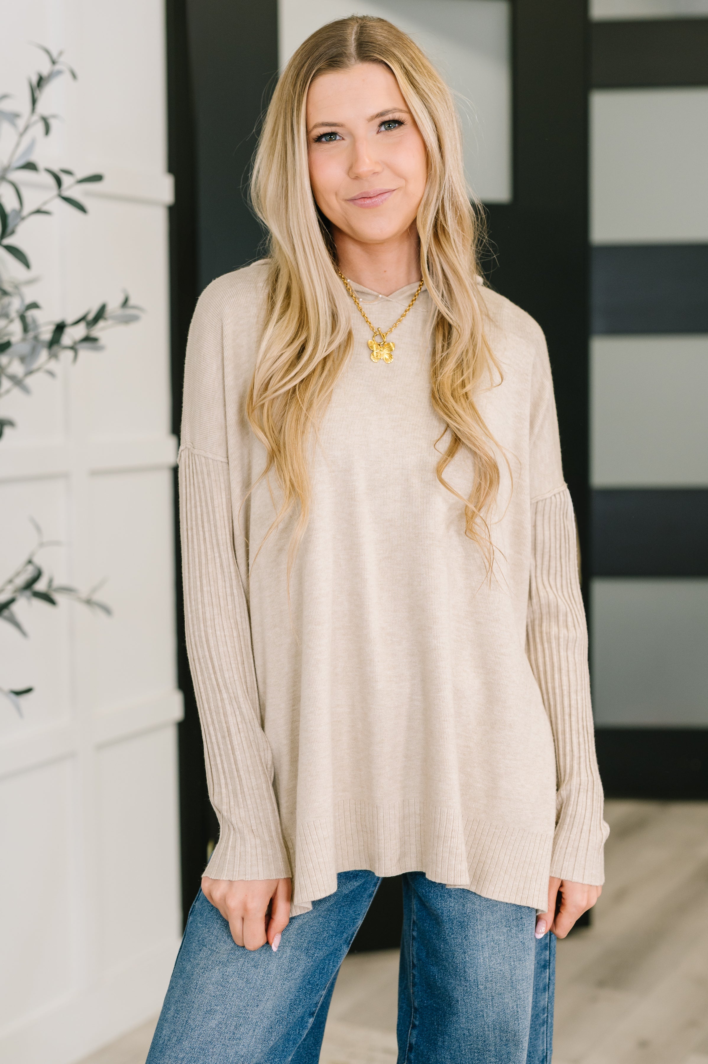 Running Late Hooded Long Sleeve in Beige Womens Ave Shops- Tilden Co.