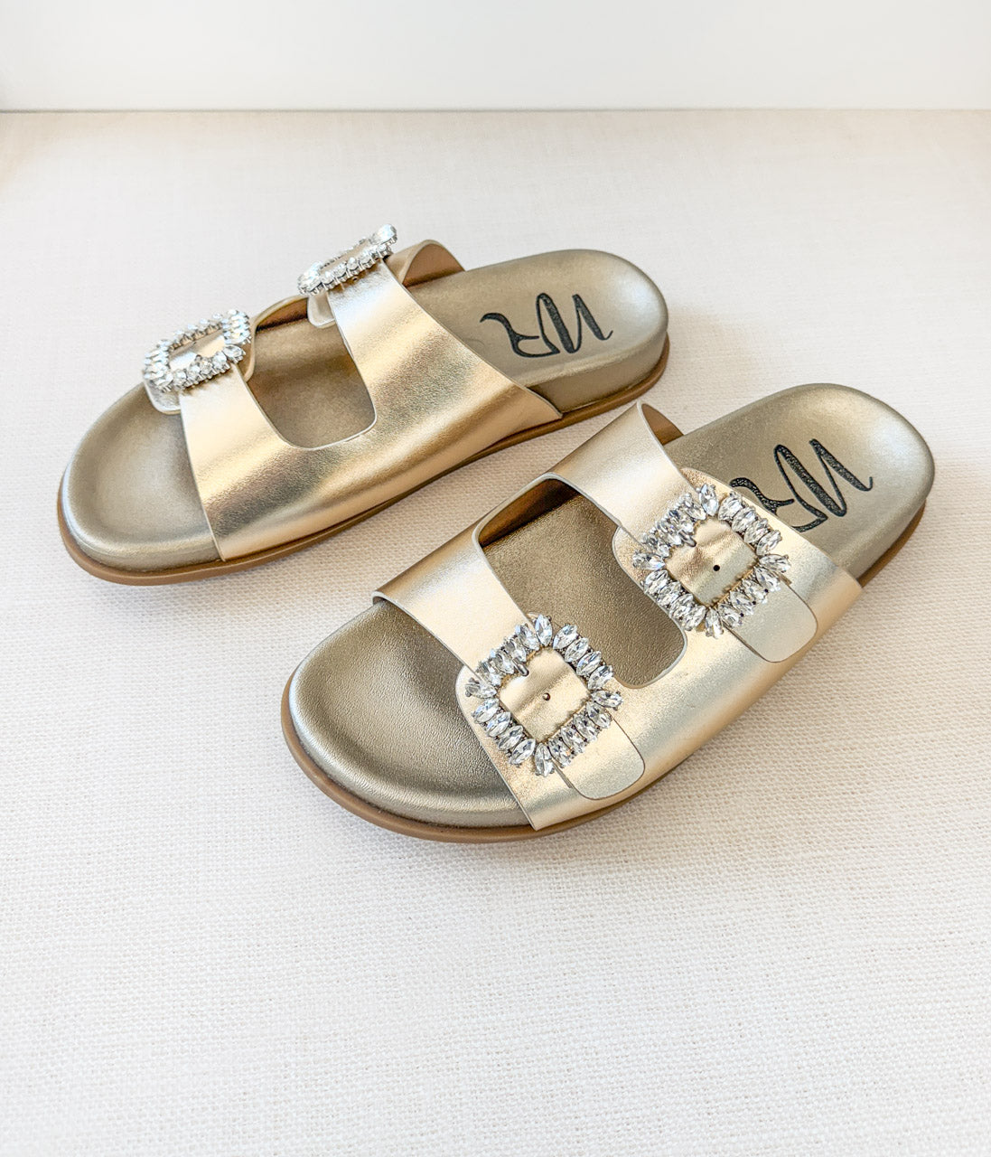 Stellar Rhinestone Buckle Slides in Gold 130 Sandals Naughty Monkey- Tilden Co.