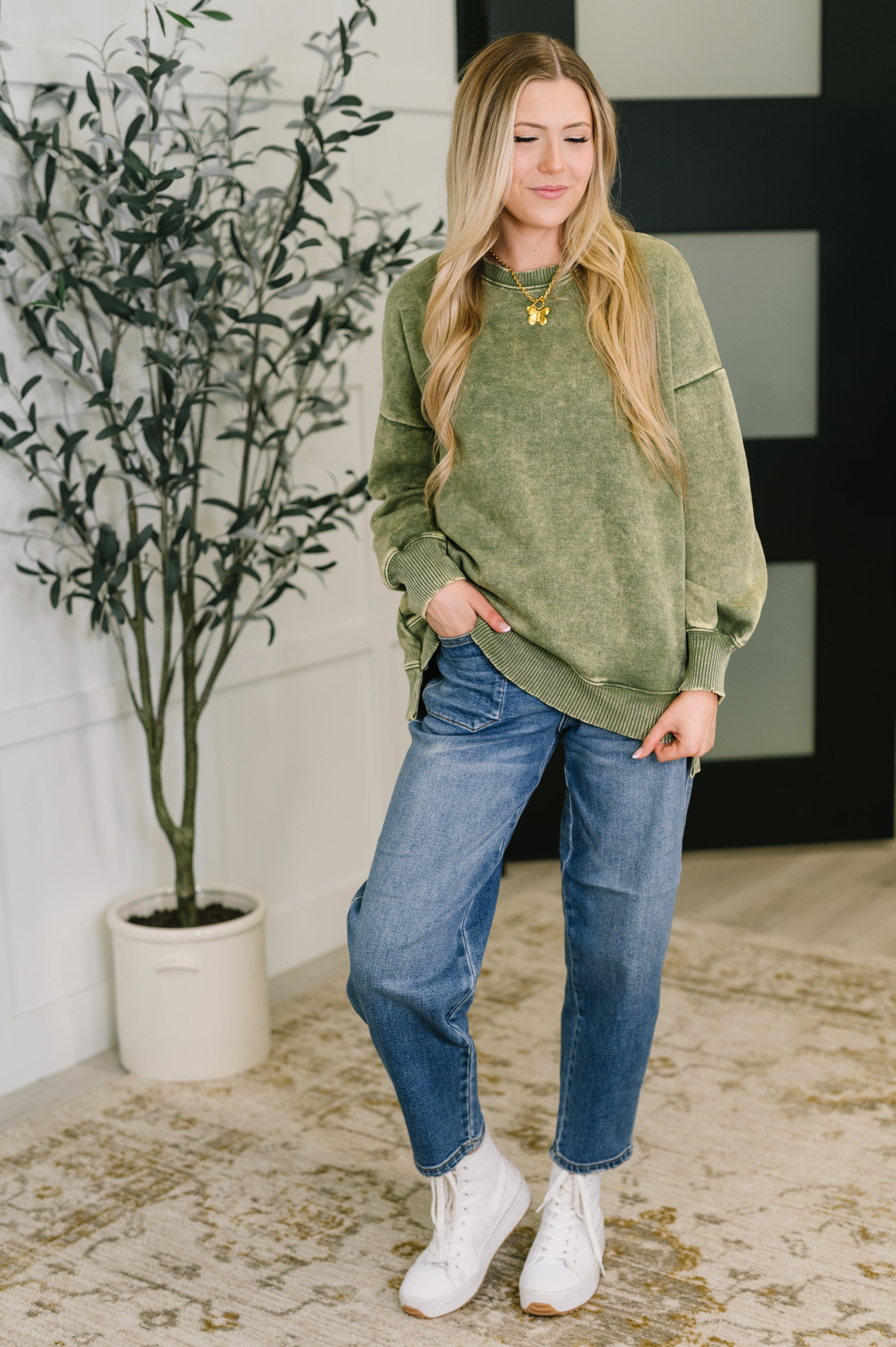 Safe and Secure Mineral Wash Pullover in Light Olive Womens Ave Shops- Tilden Co.