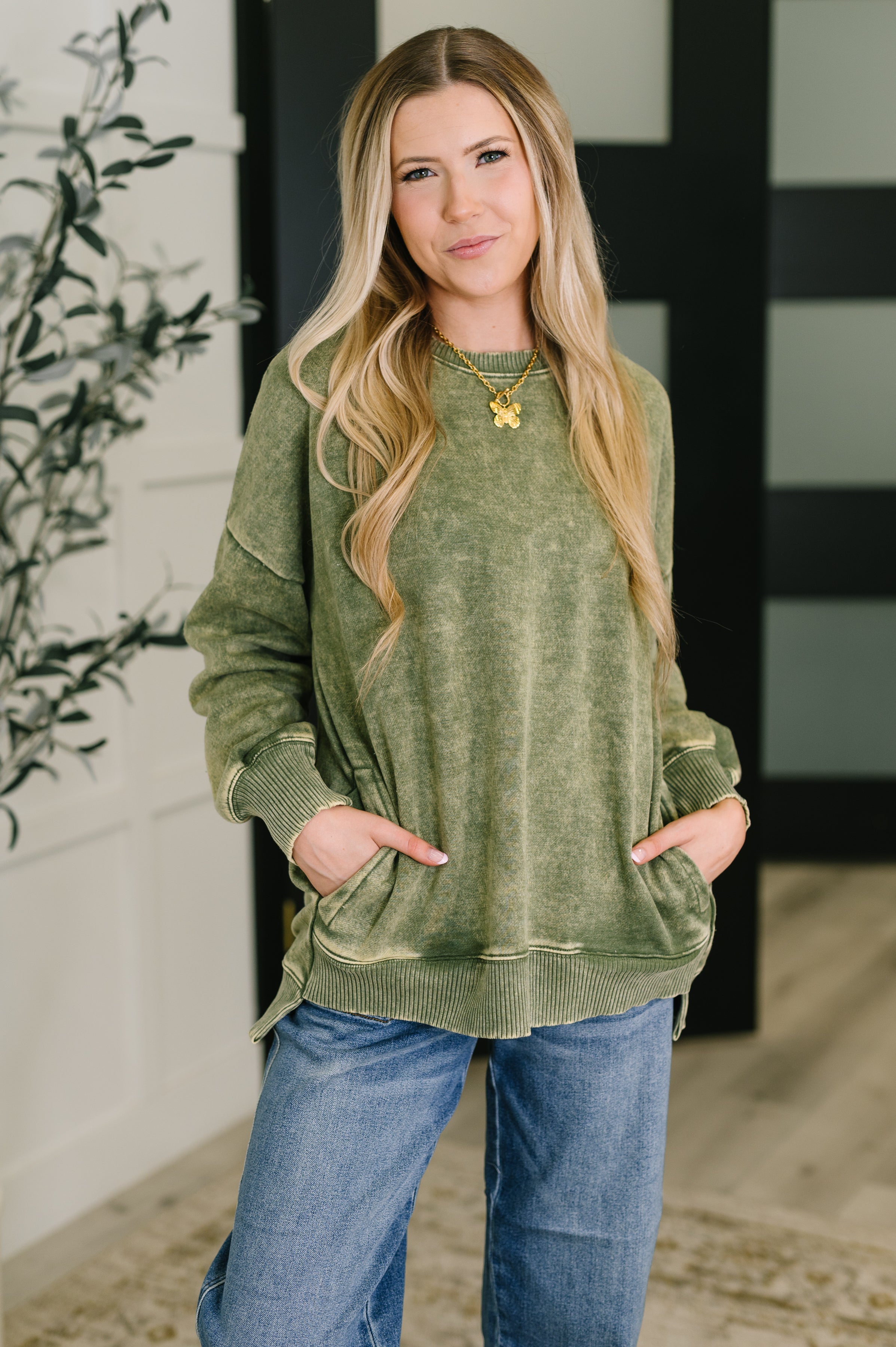 Safe and Secure Mineral Wash Pullover in Light Olive Womens Ave Shops- Tilden Co.