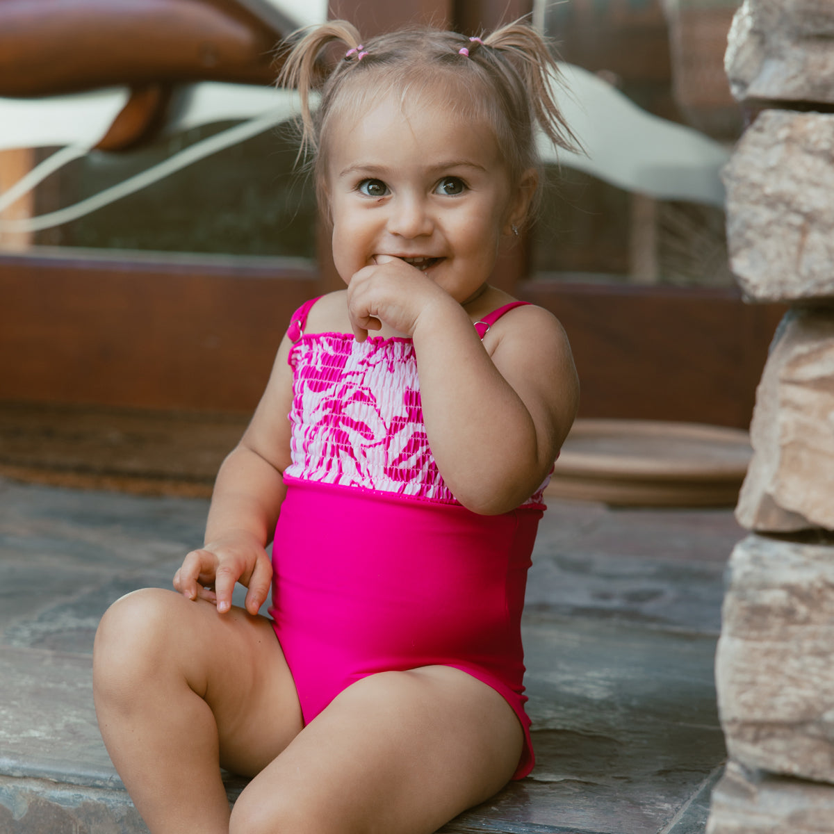 Smocked One Piece Swimsuit (Girls) Pink Palm / 2T Pink Palm 2T Janela Bay- Tilden Co.