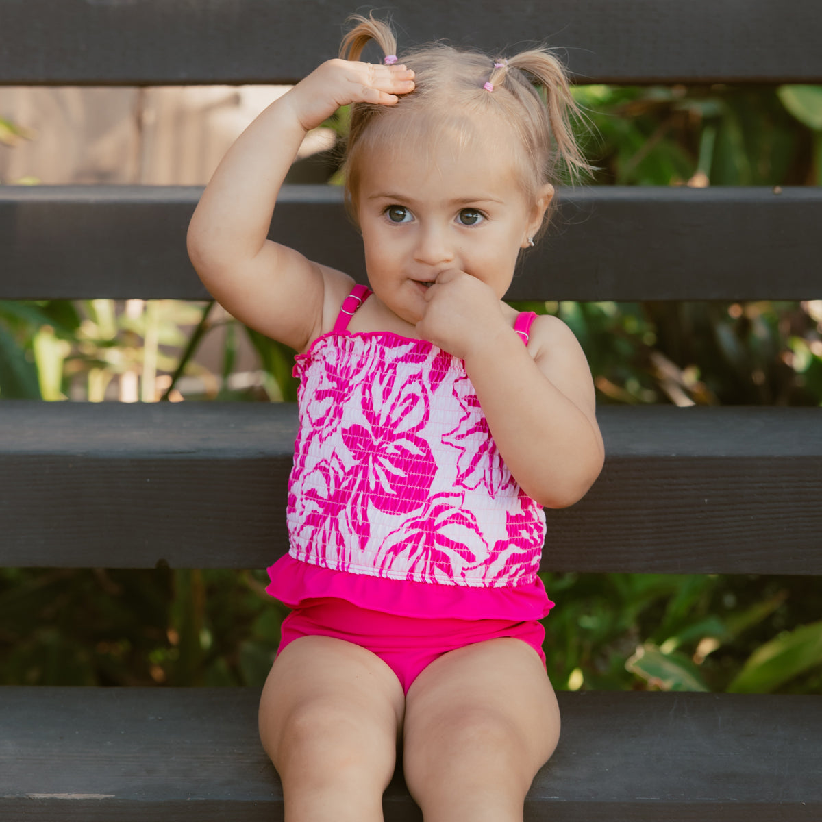 Smocked Tankini Top (Girls) Pink Palm / 2T Pink Palm 2T Janela Bay- Tilden Co.