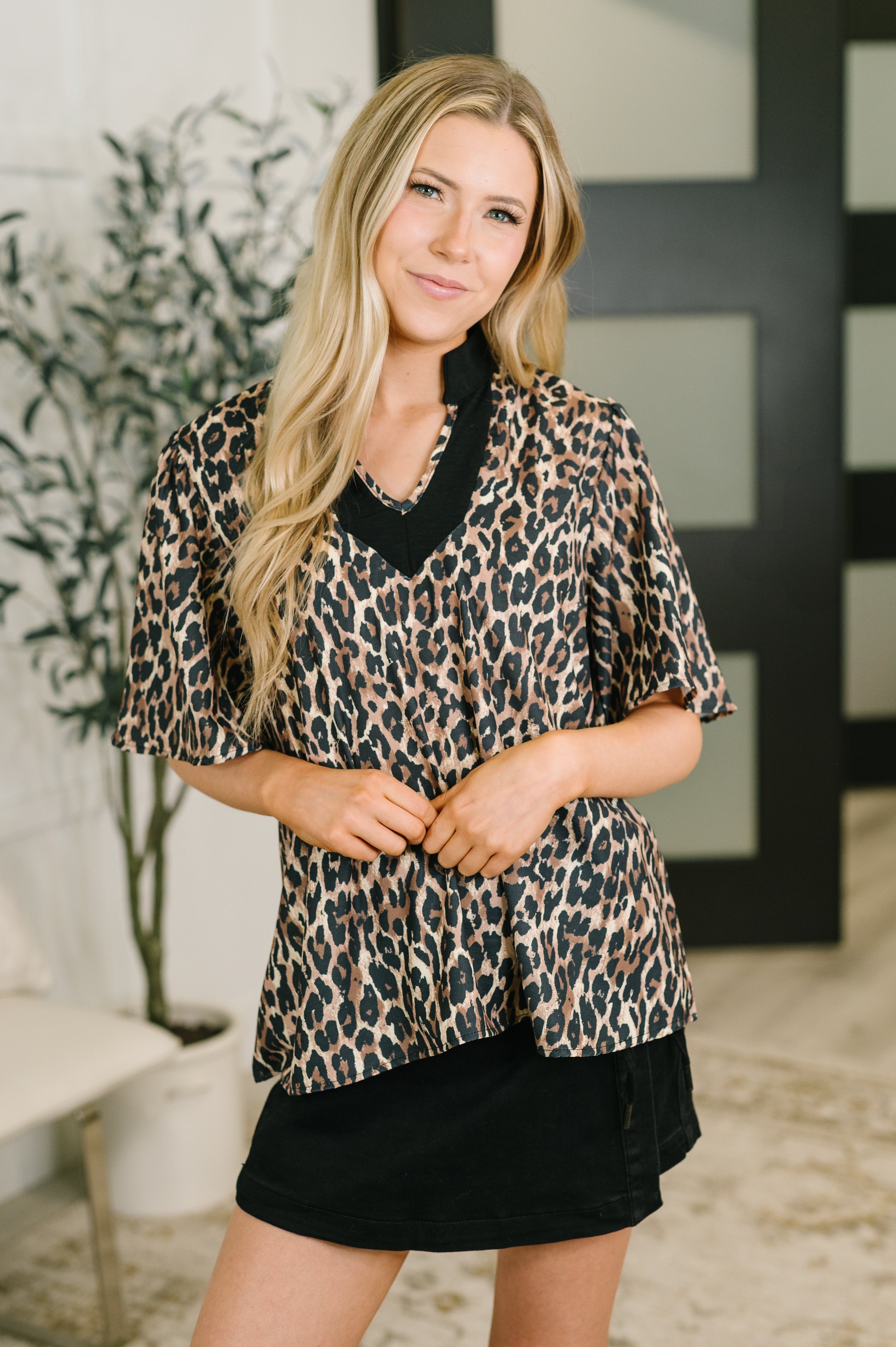 Sassy Season Split Neck Leopard Print Blouse Womens Ave Shops- Tilden Co.