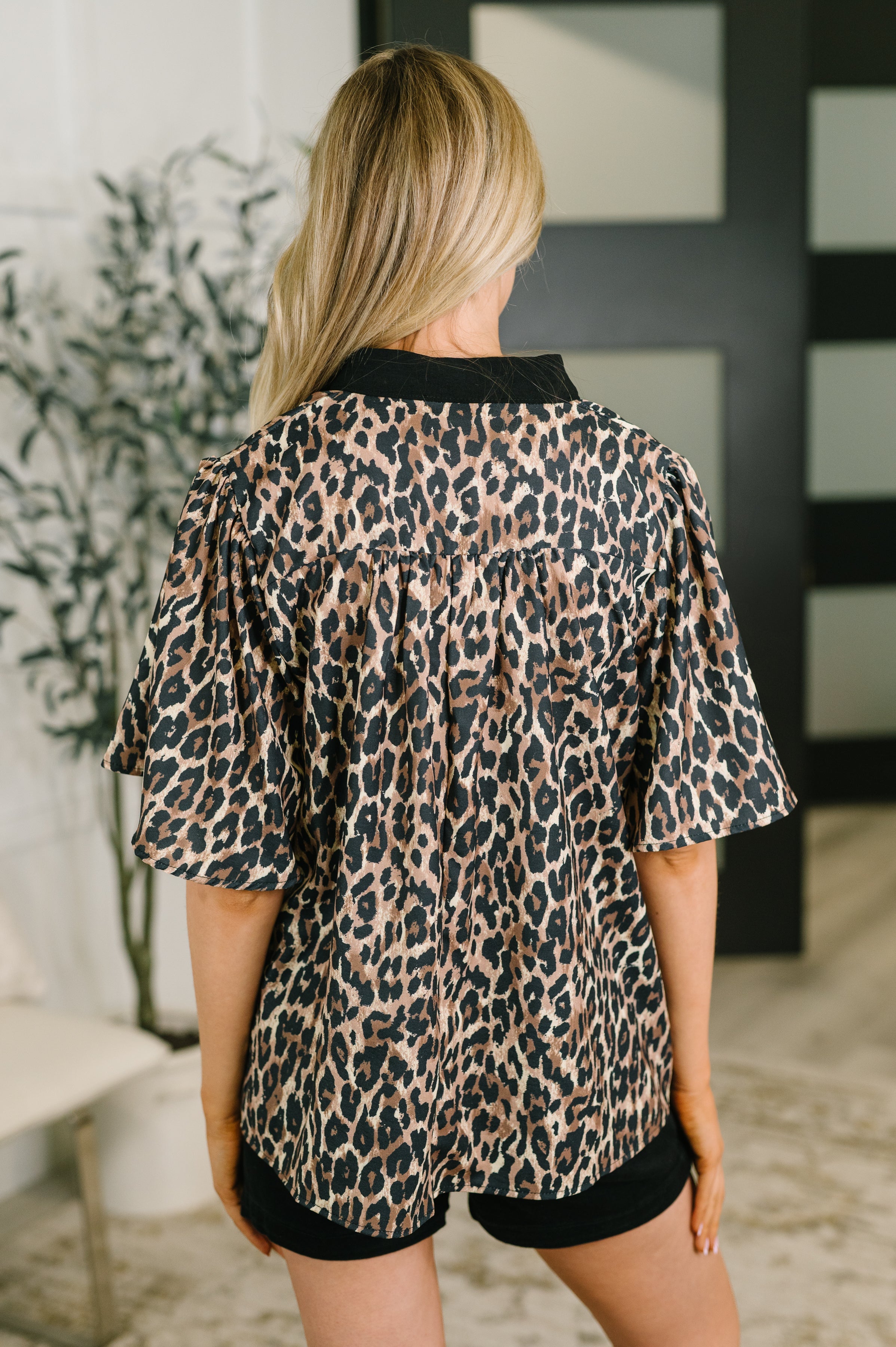 Sassy Season Split Neck Leopard Print Blouse Womens Ave Shops- Tilden Co.