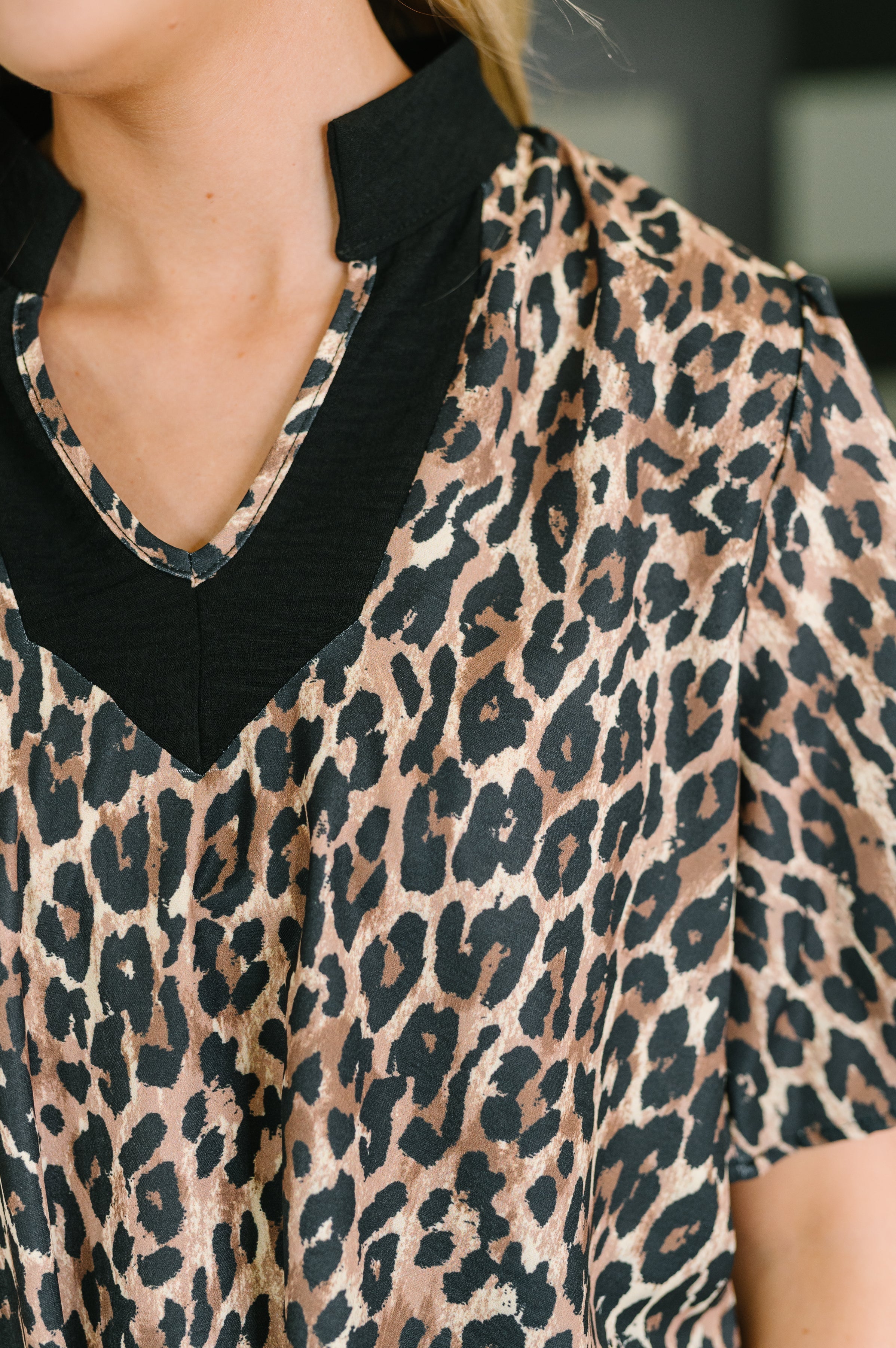 Sassy Season Split Neck Leopard Print Blouse Womens Ave Shops- Tilden Co.