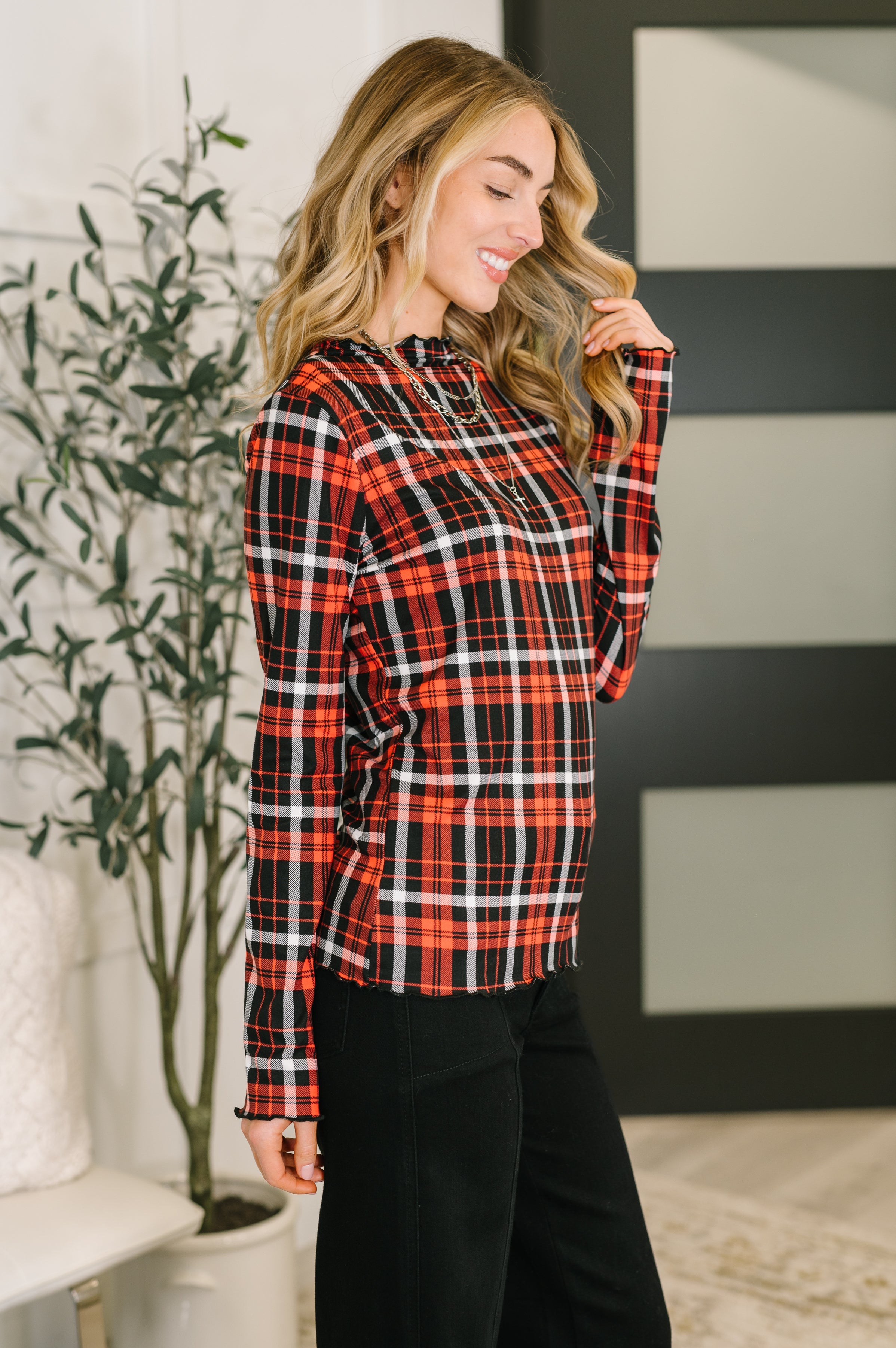 She's Always Changing Plaid Lettuce Hem Top Womens Ave Shops- Tilden Co.