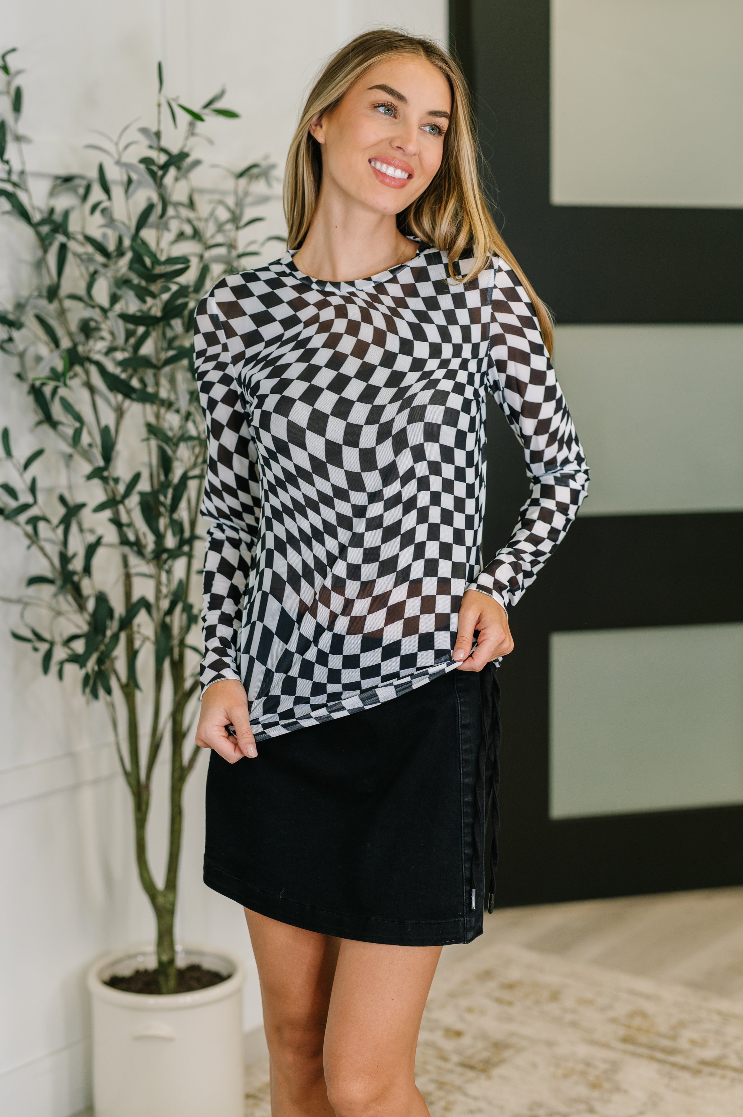 PREORDER: Sheer Long Sleeve Checkered Layering Top in Three Colors Womens Ave Shops- Tilden Co.