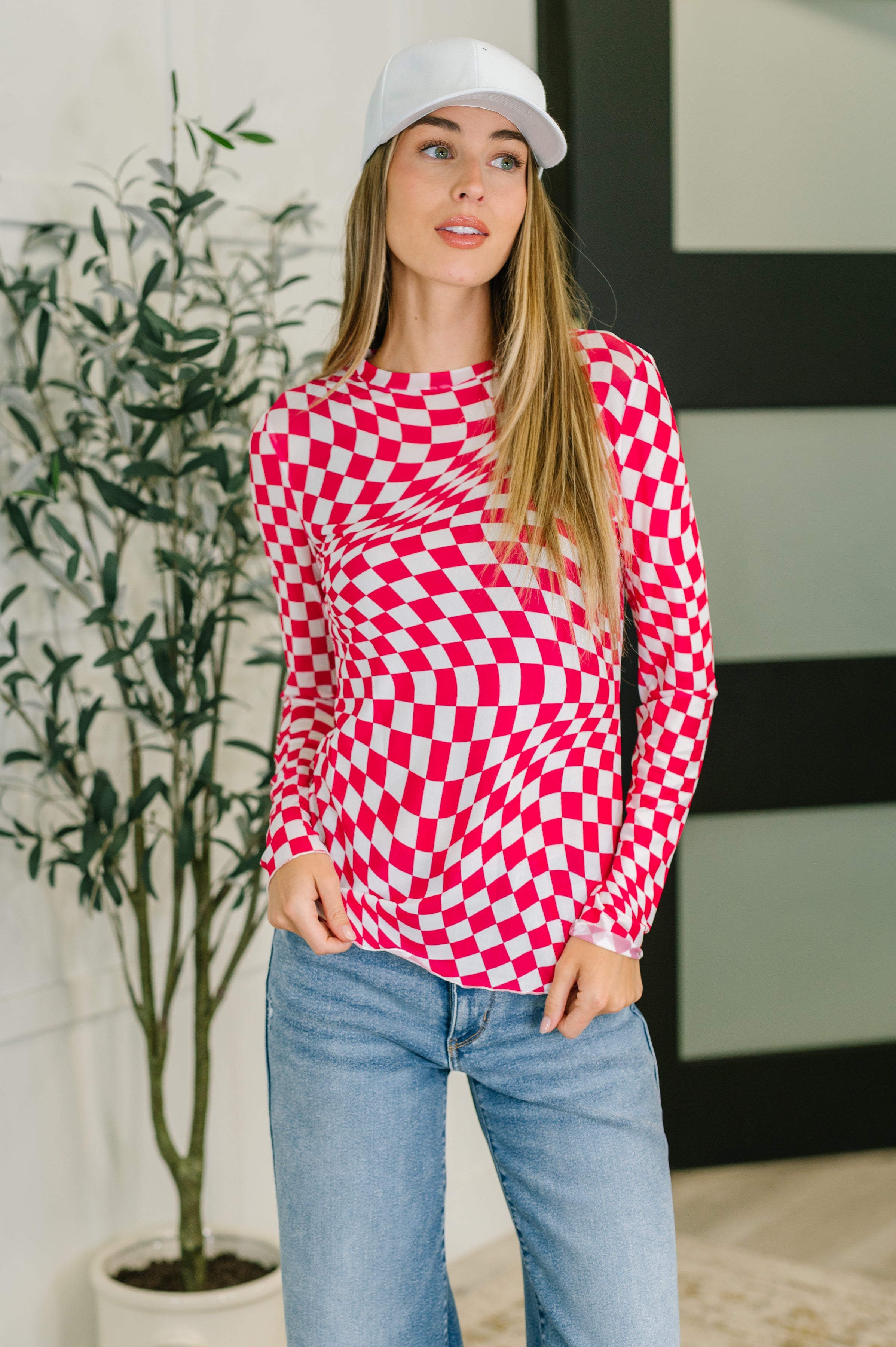 PREORDER: Sheer Long Sleeve Checkered Layering Top in Three Colors Womens Ave Shops- Tilden Co.