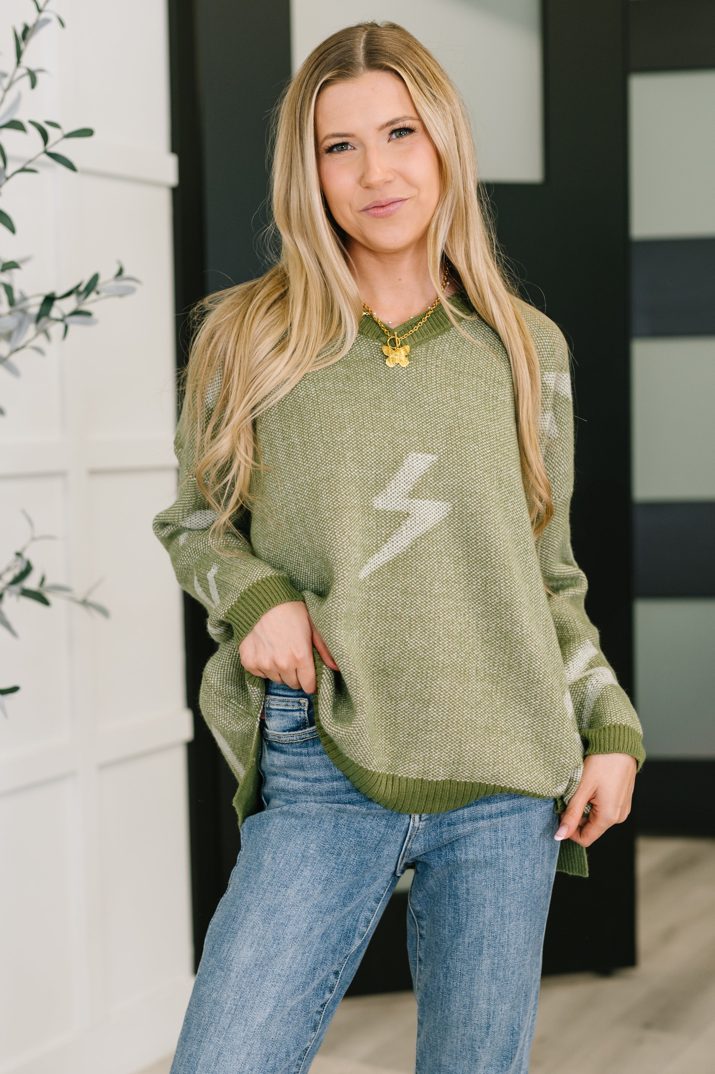 Shock Value V-Neck Sweater in Olive Womens Ave Shops- Tilden Co.