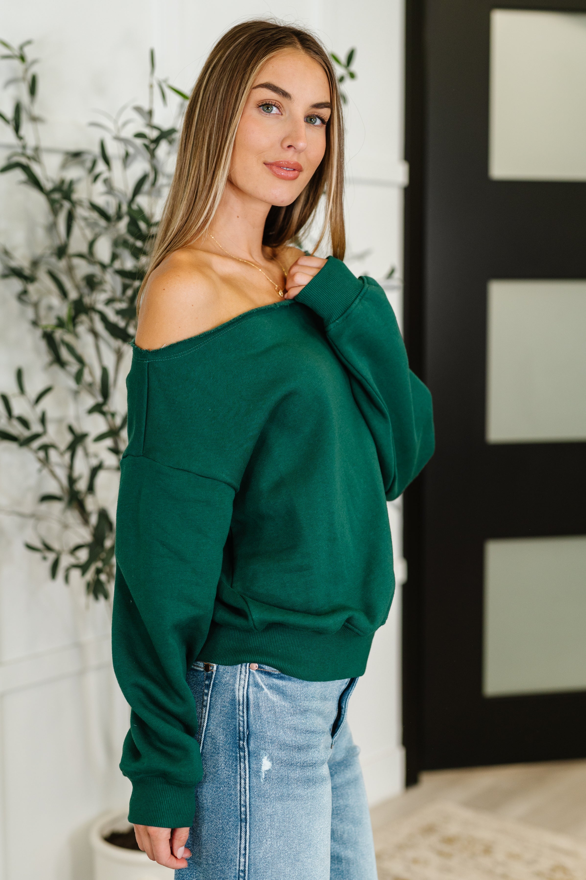 Side Hustle Off Shoulder Long Sleeve Top in Hunter Green Womens Ave Shops- Tilden Co.