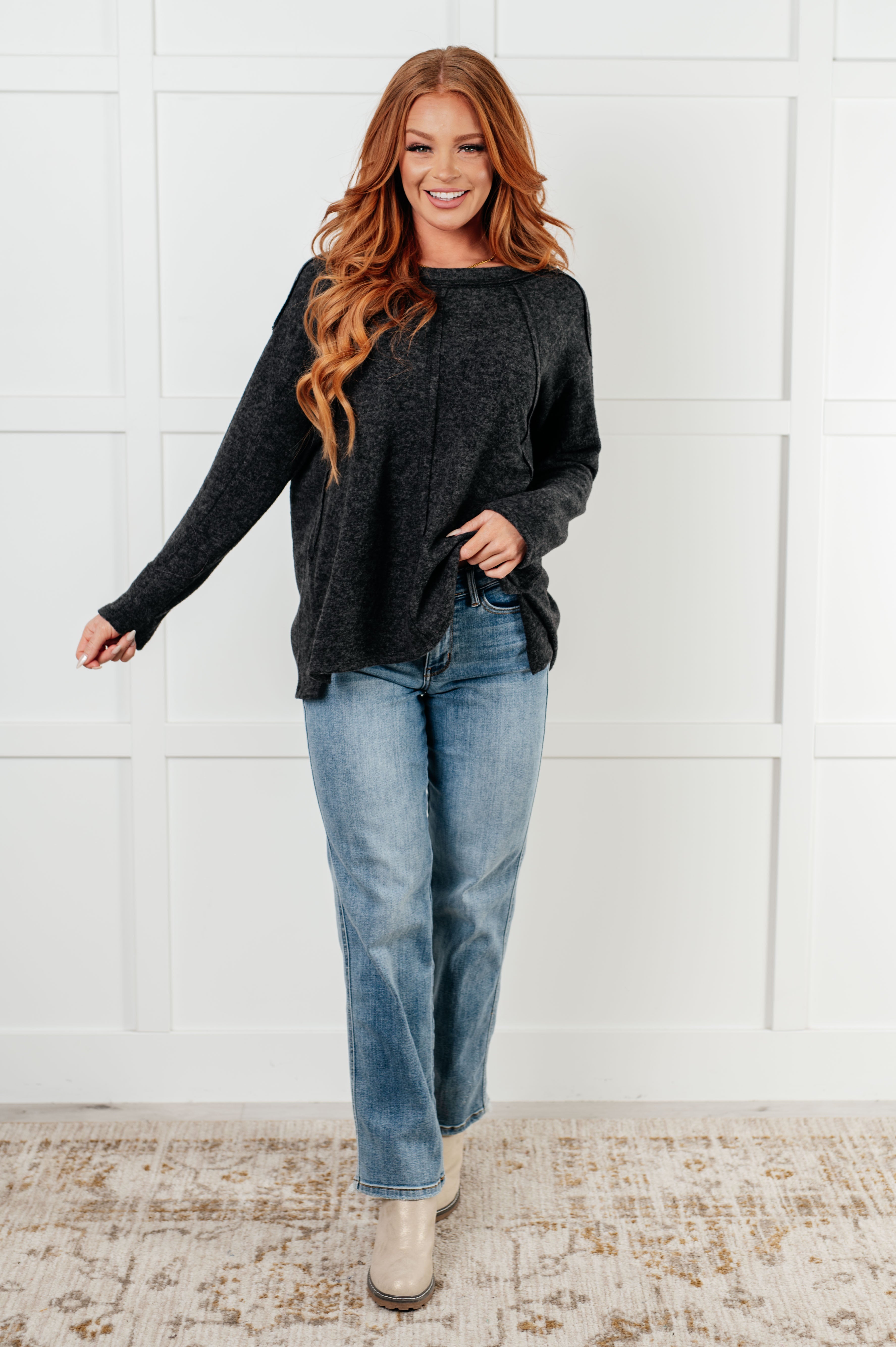 Simple Silhouette Brushed Hacci Sweater in Black Tops Ave Shops- Tilden Co.