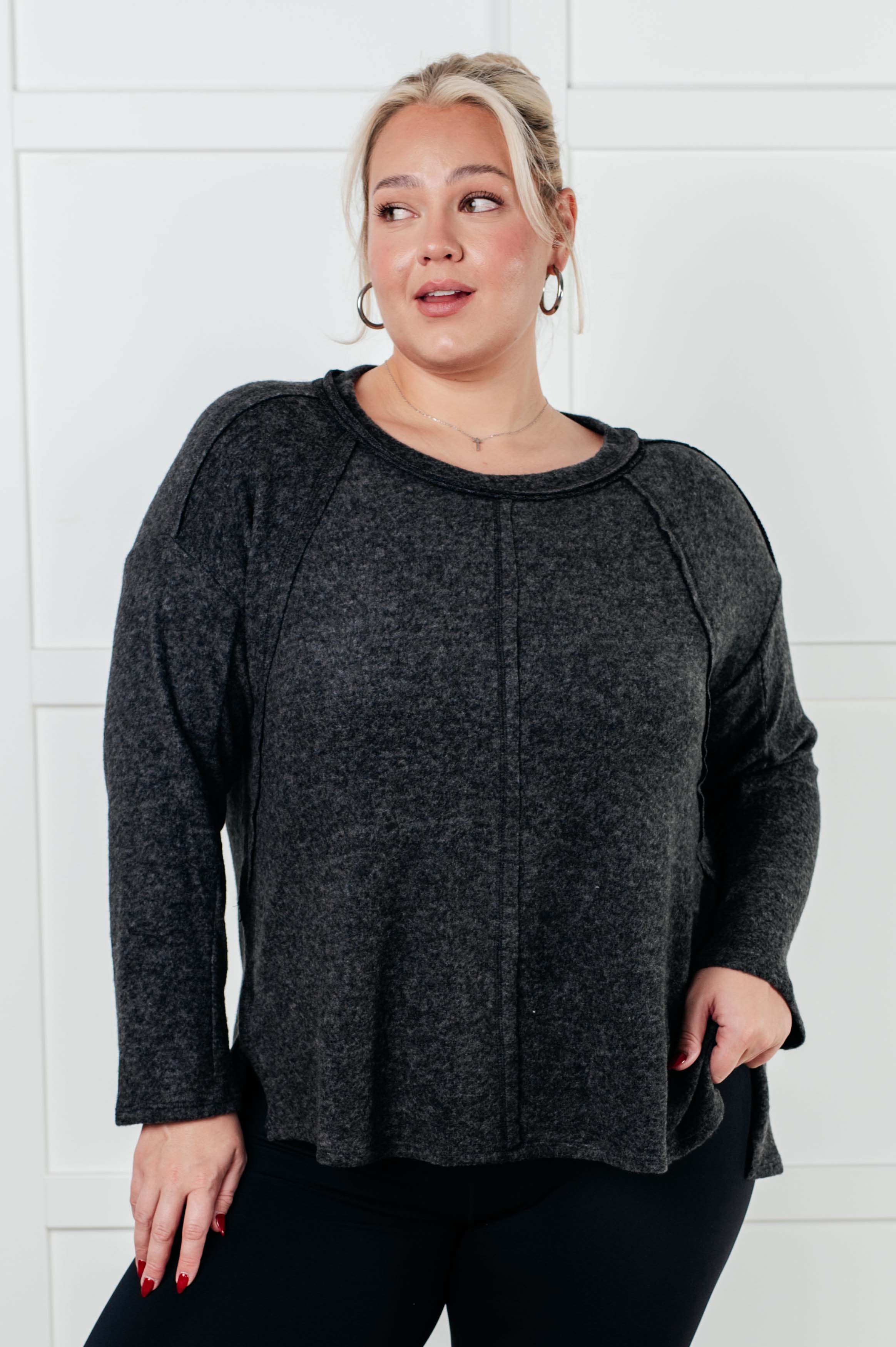 Simple Silhouette Brushed Hacci Sweater in Black Tops Ave Shops- Tilden Co.