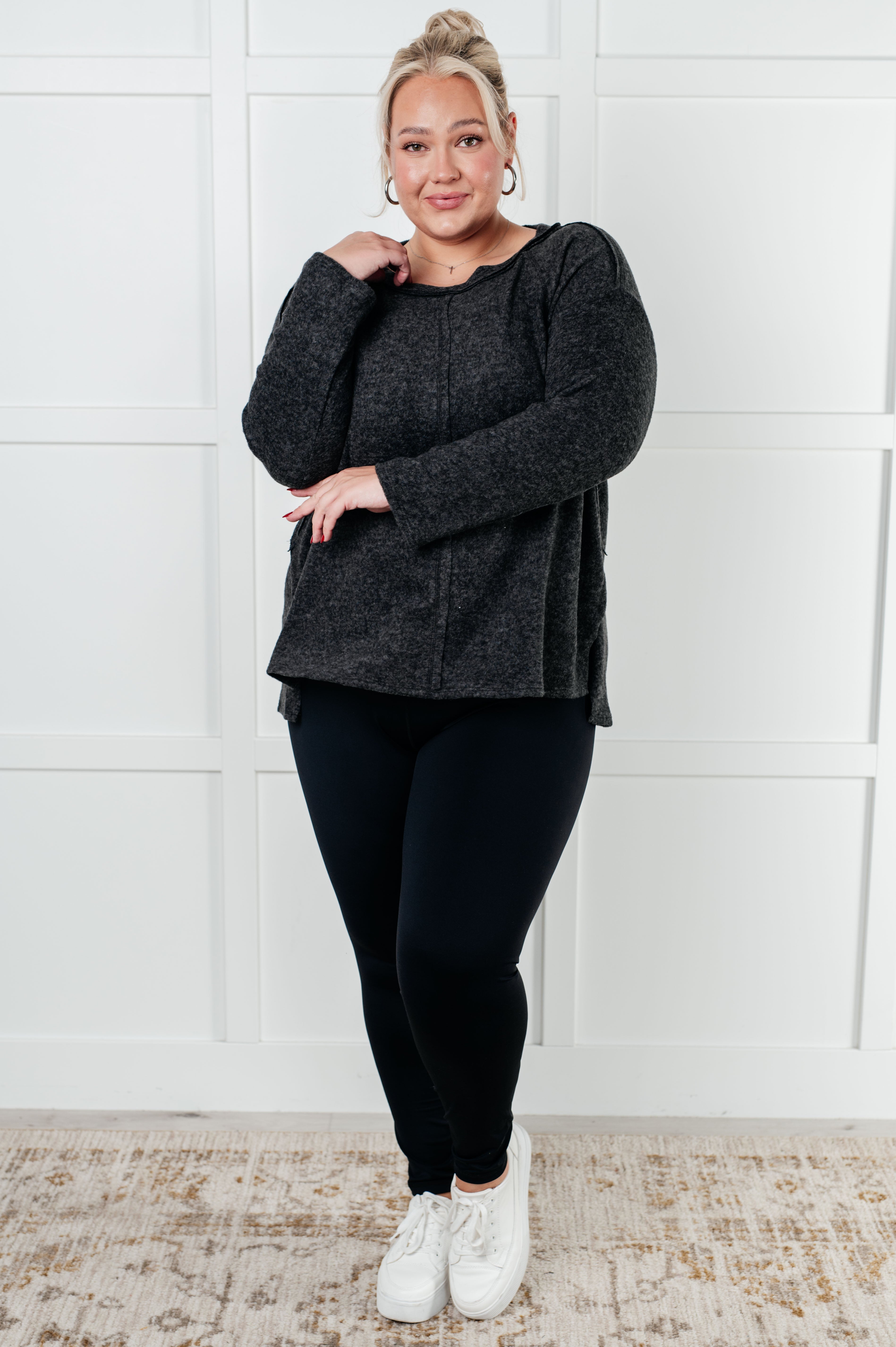 Simple Silhouette Brushed Hacci Sweater in Black Tops Ave Shops- Tilden Co.