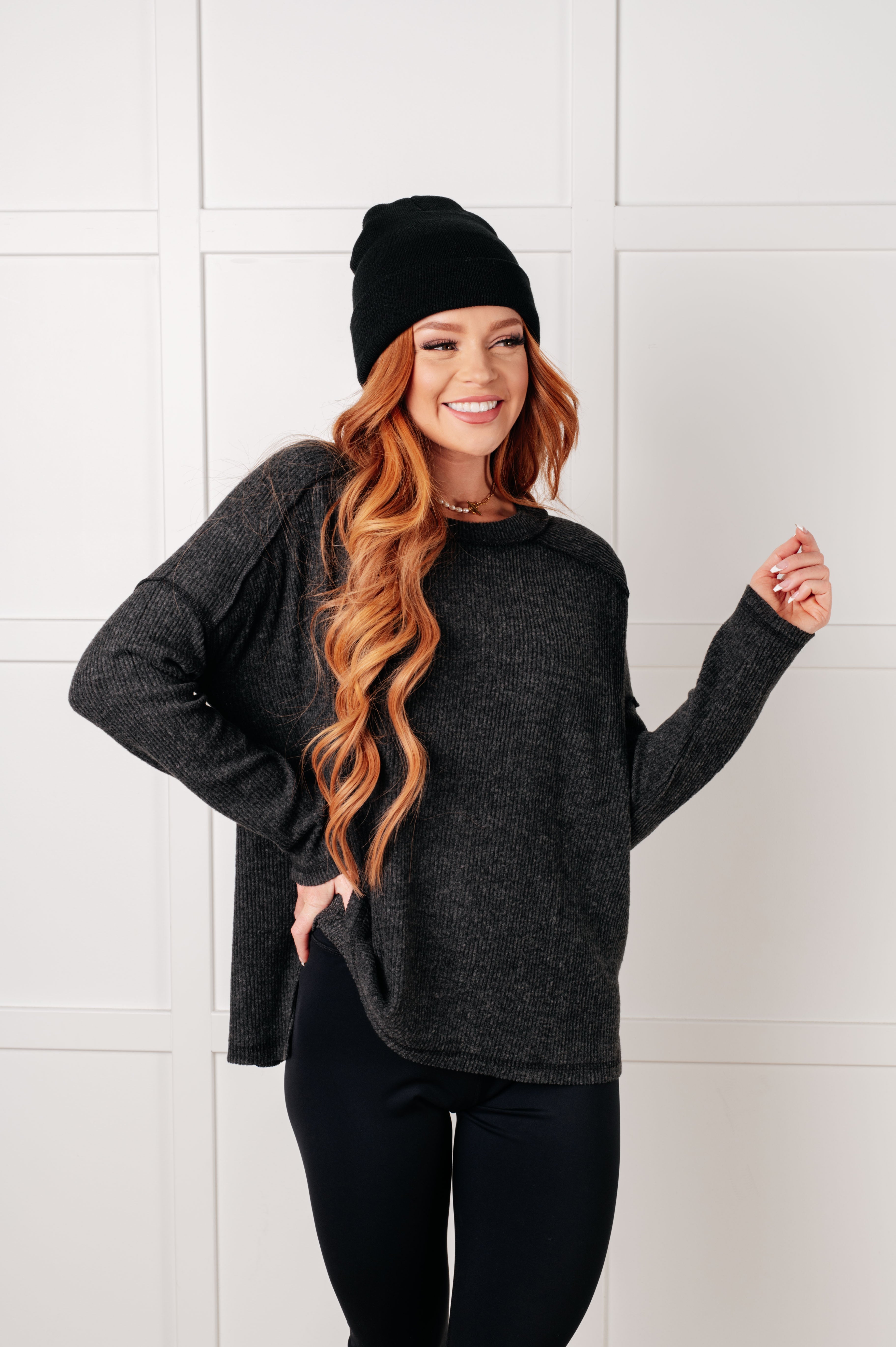 Simply Basic Ribbed Hacci Sweater in Black Tops Ave Shops- Tilden Co.