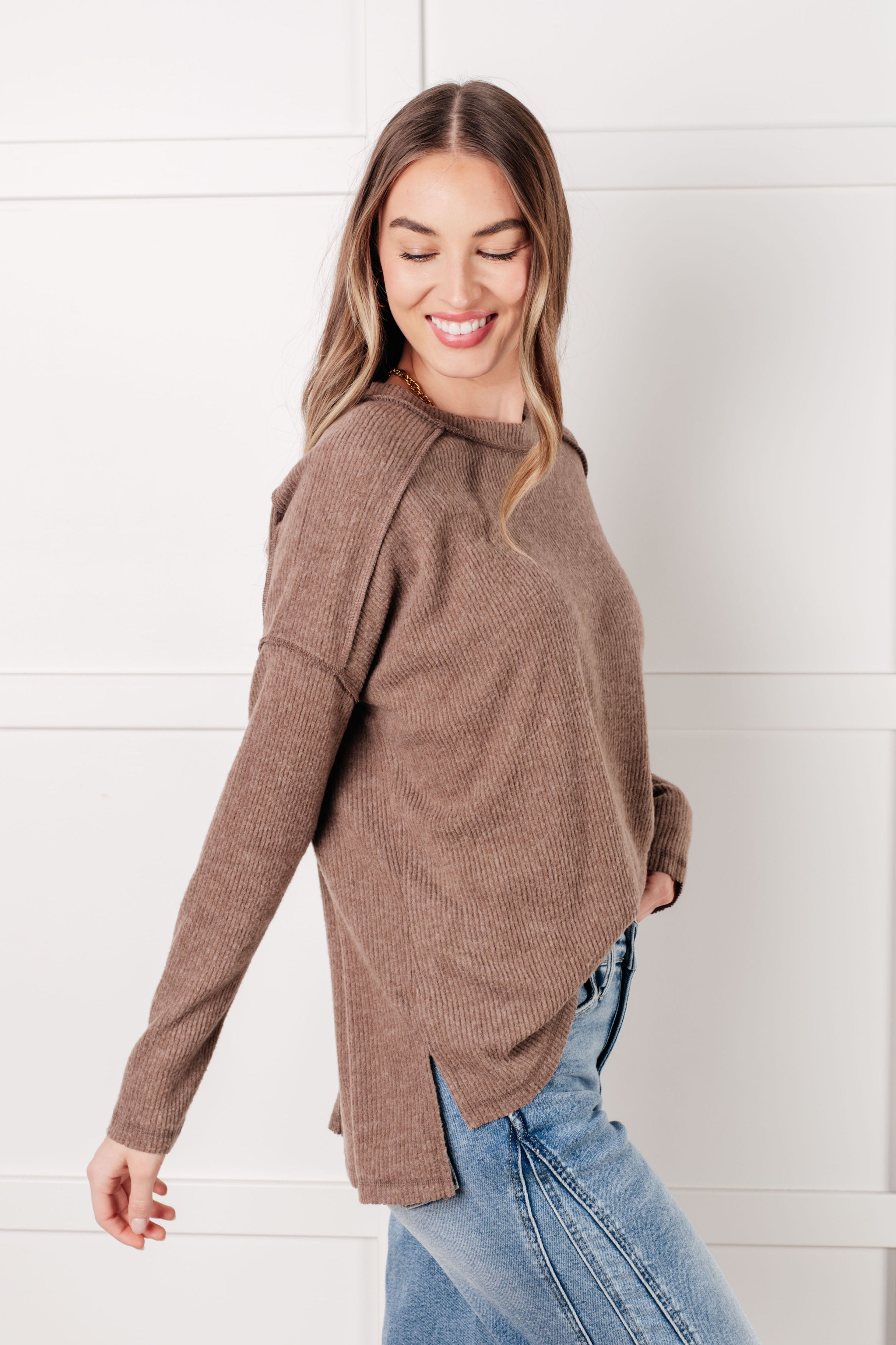 Simply Basic Ribbed Hacci Sweater in Mocha Tops Ave Shops- Tilden Co.