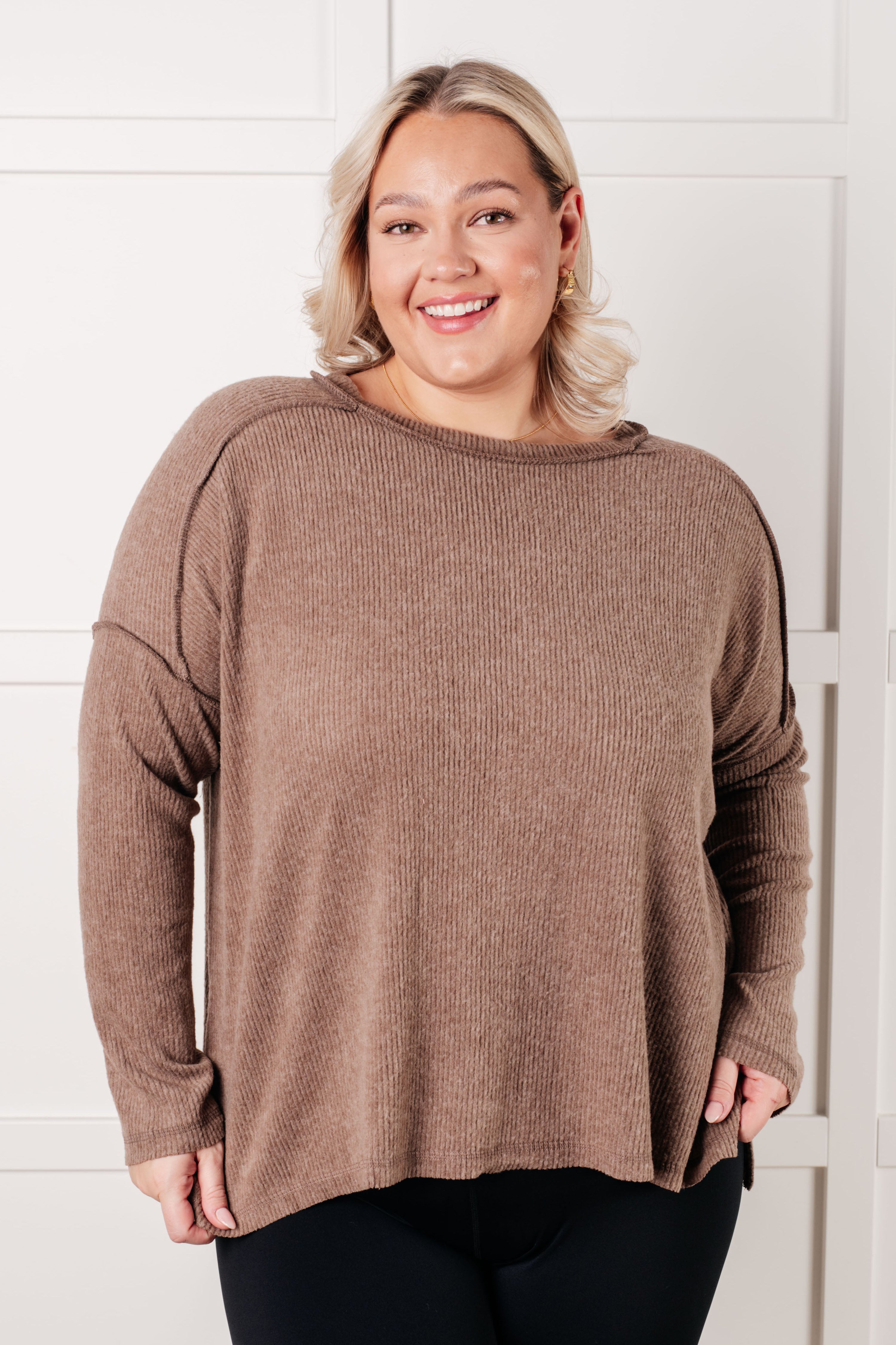 Simply Basic Ribbed Hacci Sweater in Mocha Tops Ave Shops- Tilden Co.