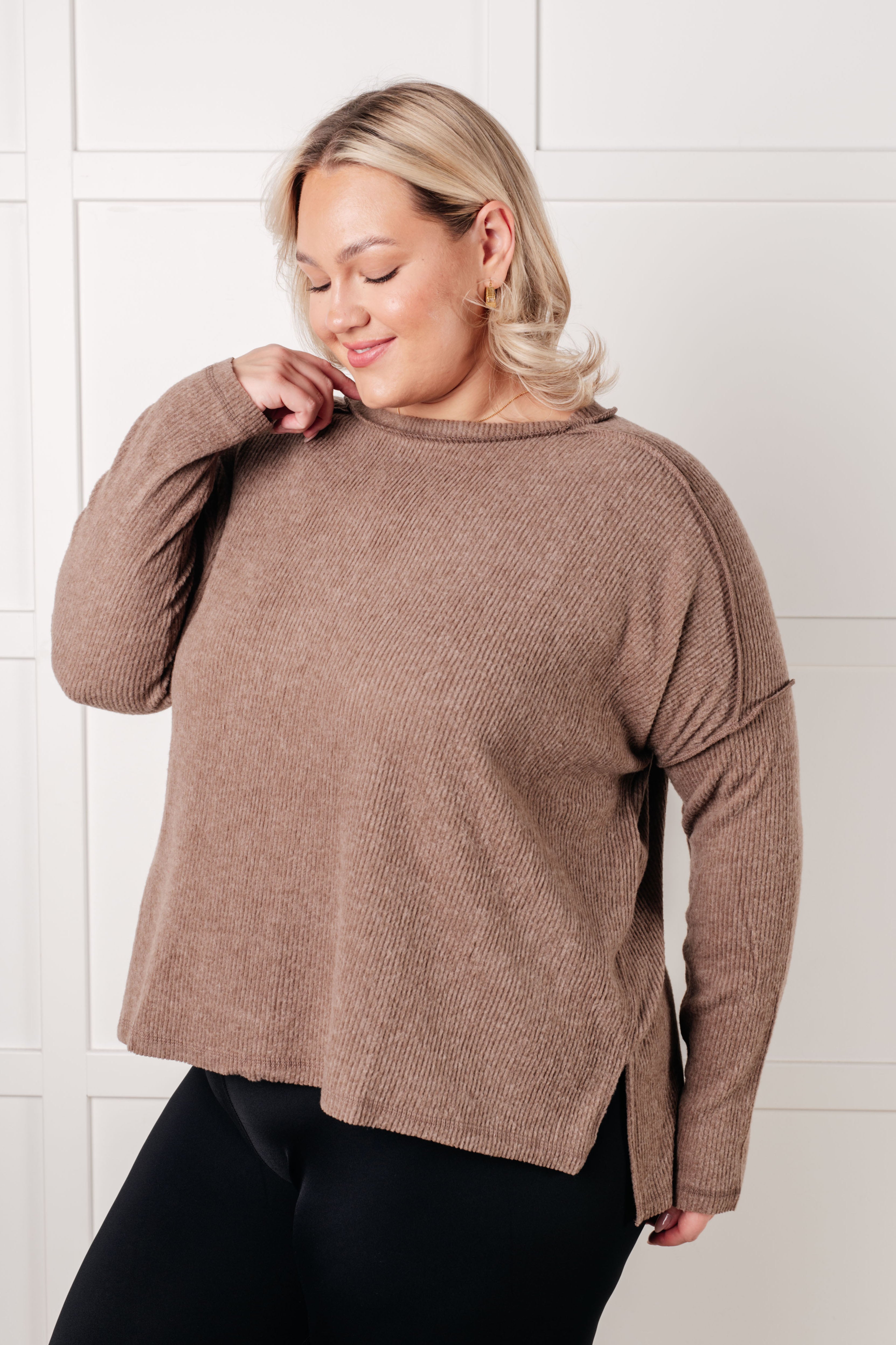 Simply Basic Ribbed Hacci Sweater in Mocha Tops Ave Shops- Tilden Co.