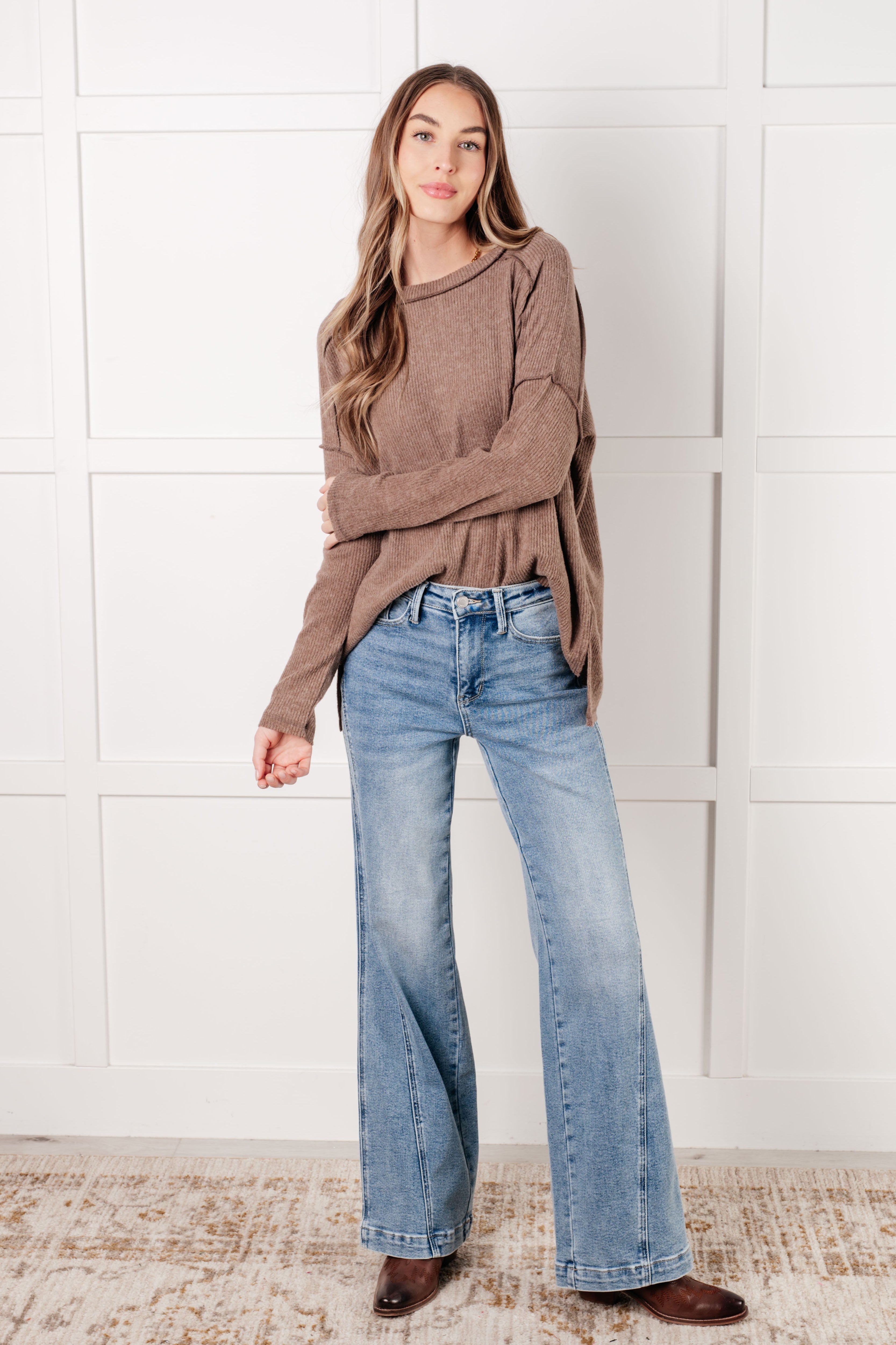 Simply Basic Ribbed Hacci Sweater in Mocha Tops Ave Shops- Tilden Co.