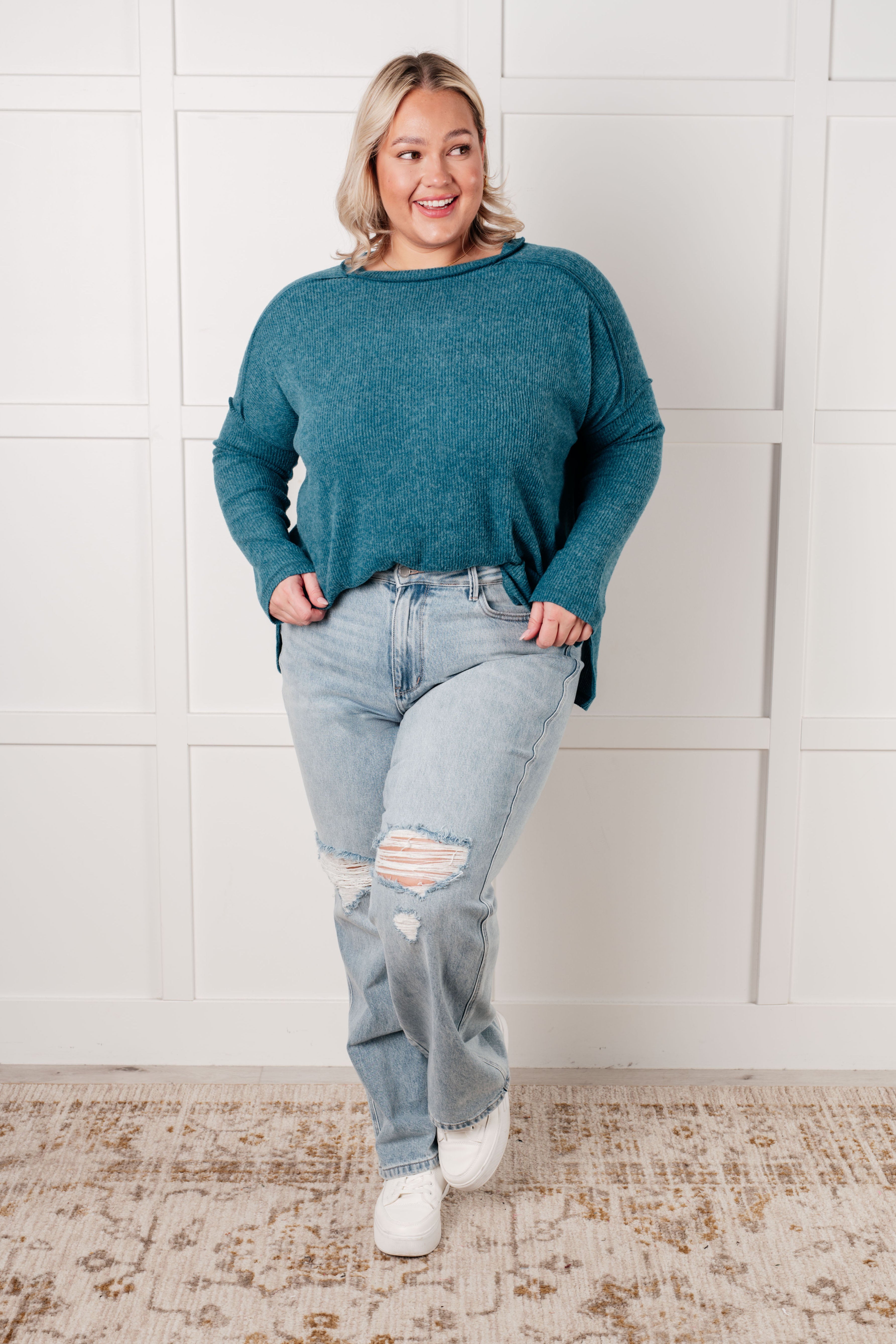 Simply Basic Ribbed Hacci Sweater in Teal Tops Ave Shops- Tilden Co.