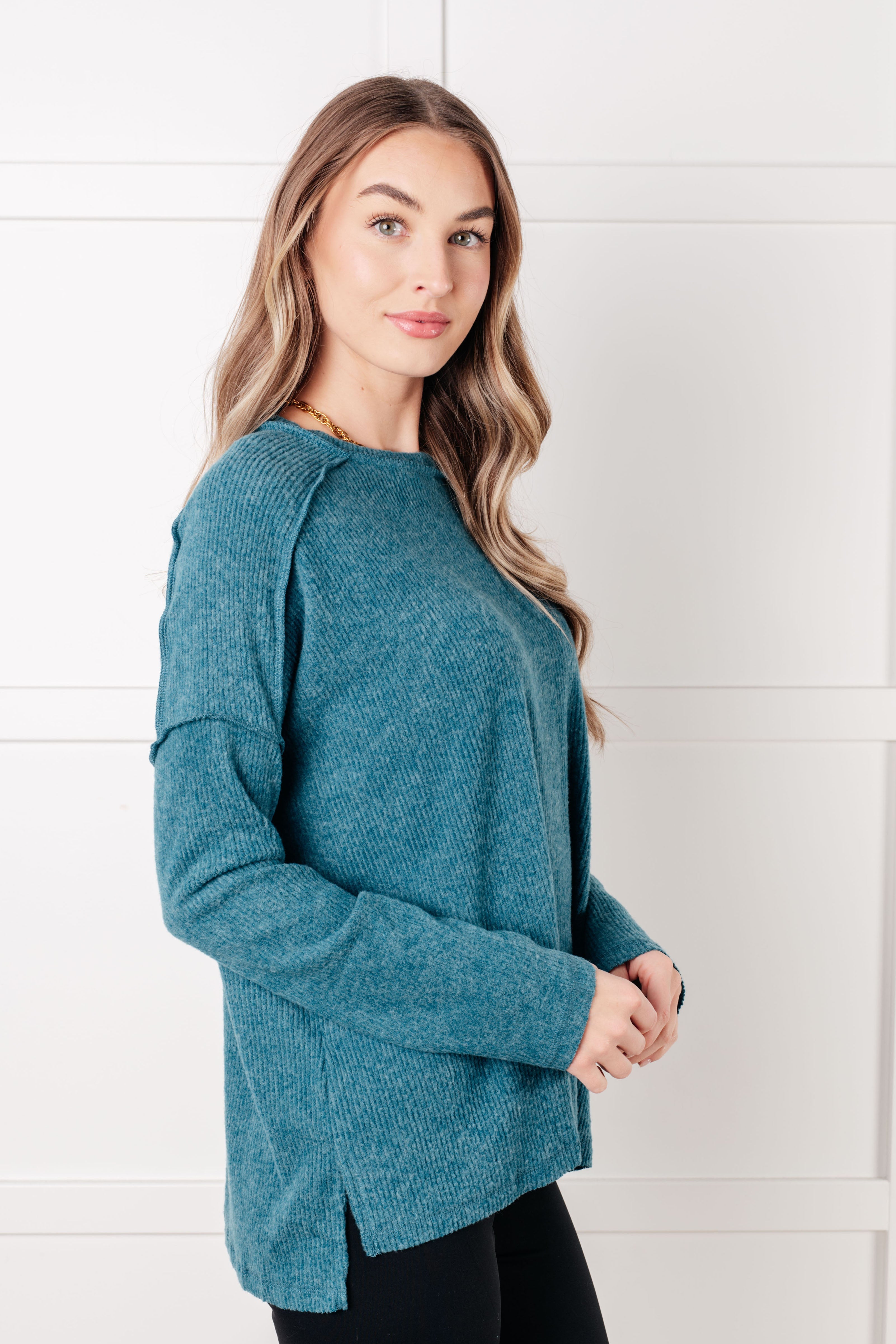 Simply Basic Ribbed Hacci Sweater in Teal Tops Ave Shops- Tilden Co.