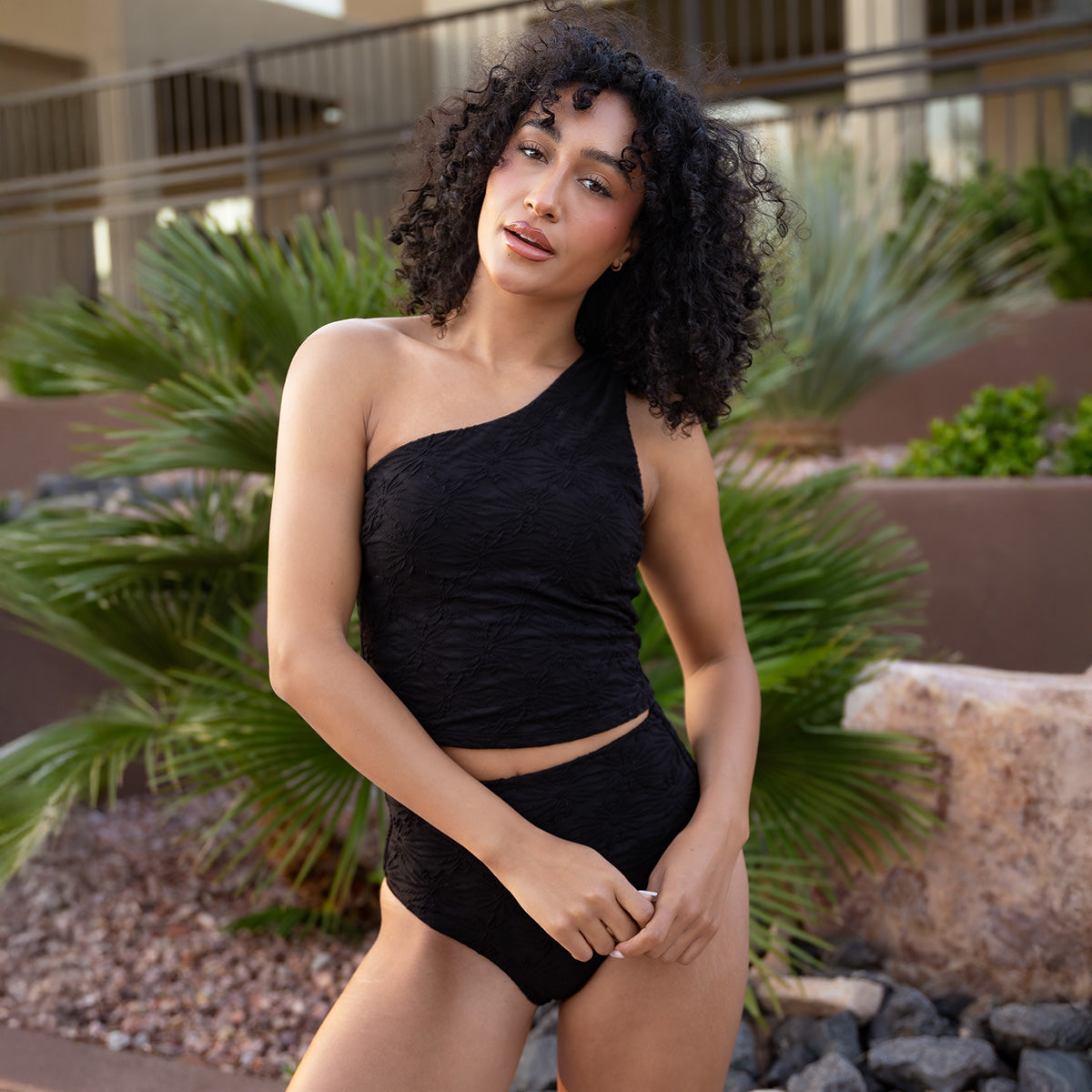 Single Shoulder Tankini Top Black Textured Floral / XXS Black Textured Floral XXS Swim Top Janela Bay- Tilden Co.