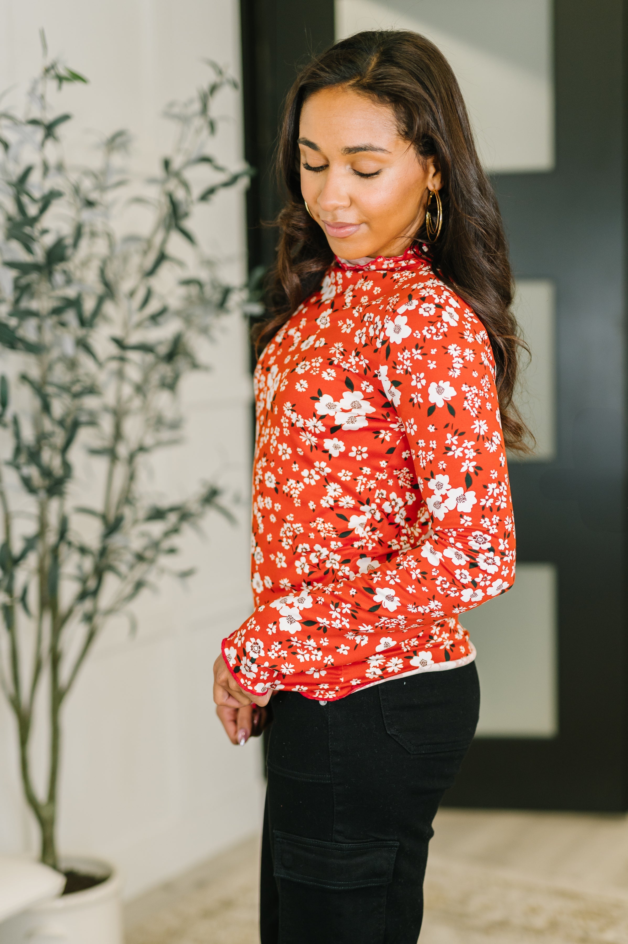 Somethings in the Air Lettuce Hem Longsleeve Top in Vermillion Womens Ave Shops- Tilden Co.