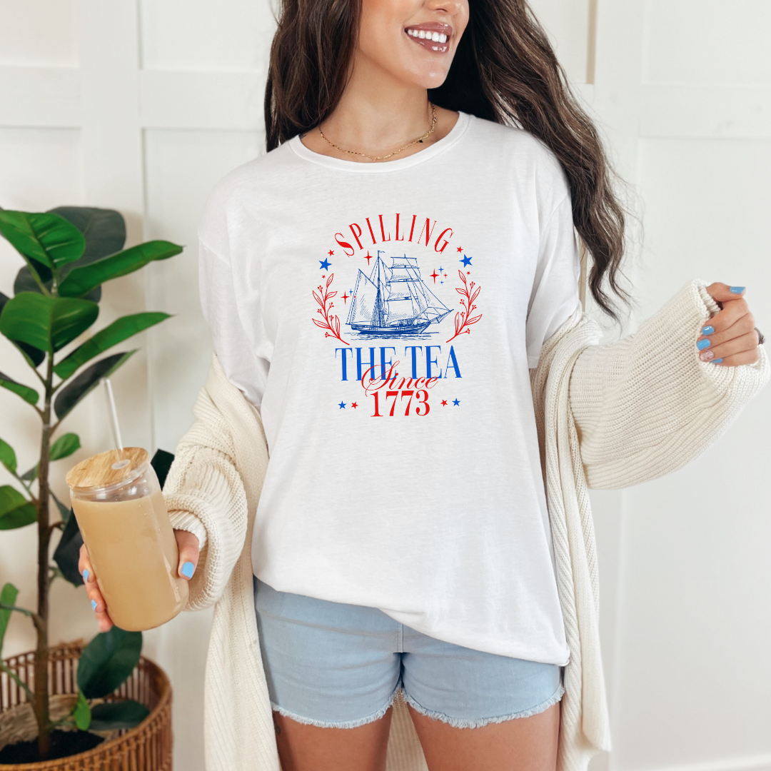Spilling the Tea Since 1773 Graphic Tee Womens Ave Shops- Tilden Co.
