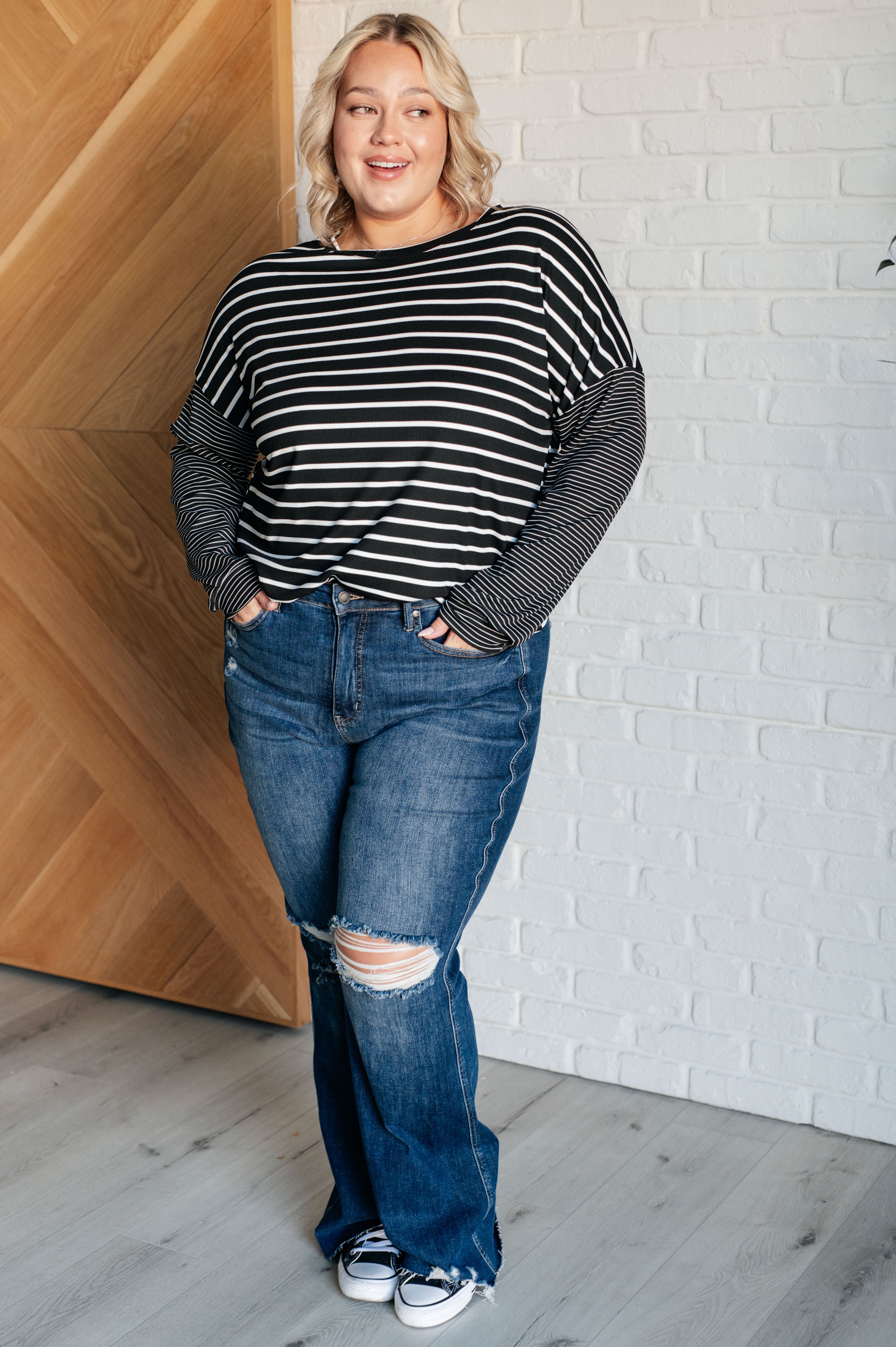 Super Clever Patchwork Striped Top in Black Tops Ave Shops- Tilden Co.