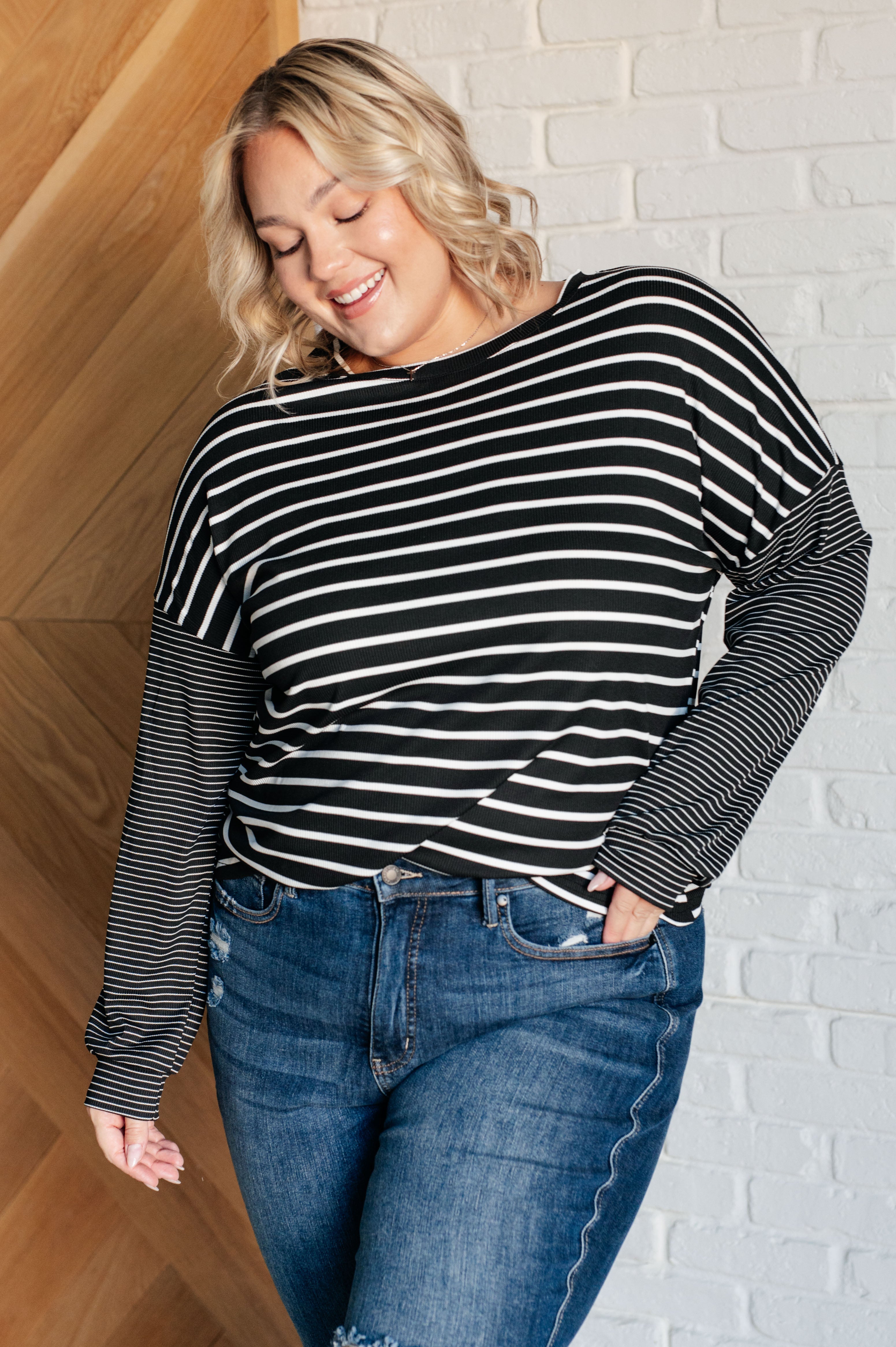 Super Clever Patchwork Striped Top in Black Tops Ave Shops- Tilden Co.