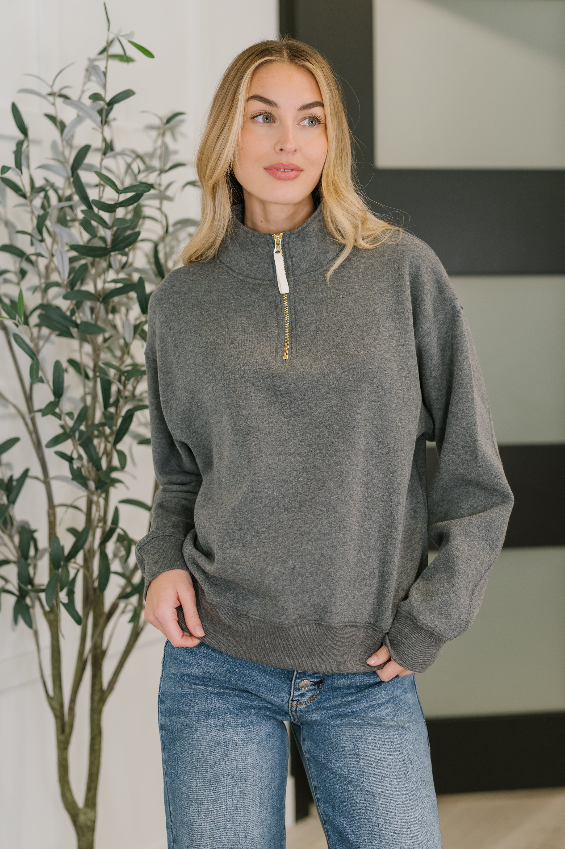 Sweater Weather Half Zip High Neck Pullover in Charcoal Womens Ave Shops- Tilden Co.