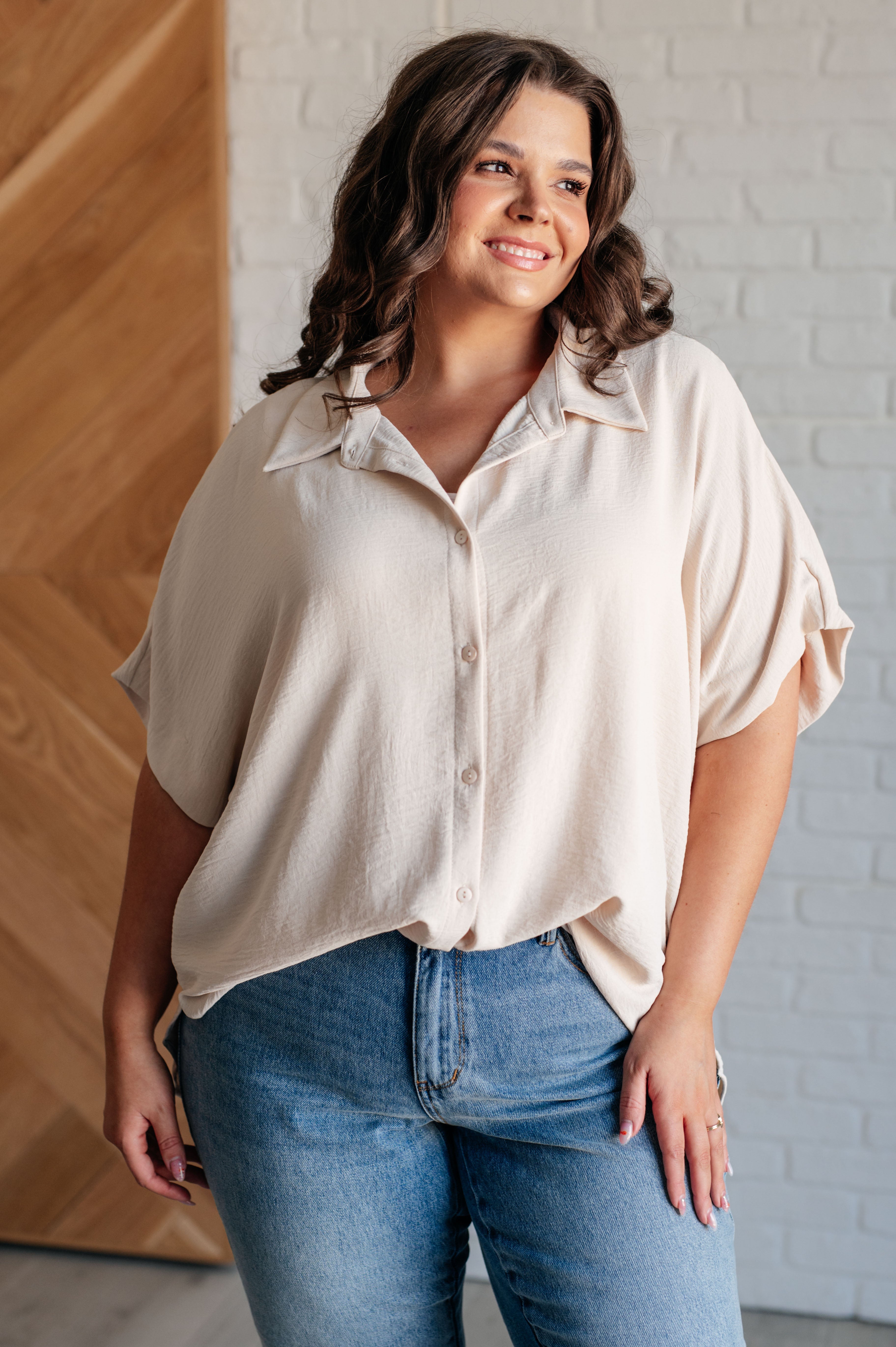 Sweet Simplicity Button Down Blouse in Oatmeal    Tops Ave Shops- Tilden Co.