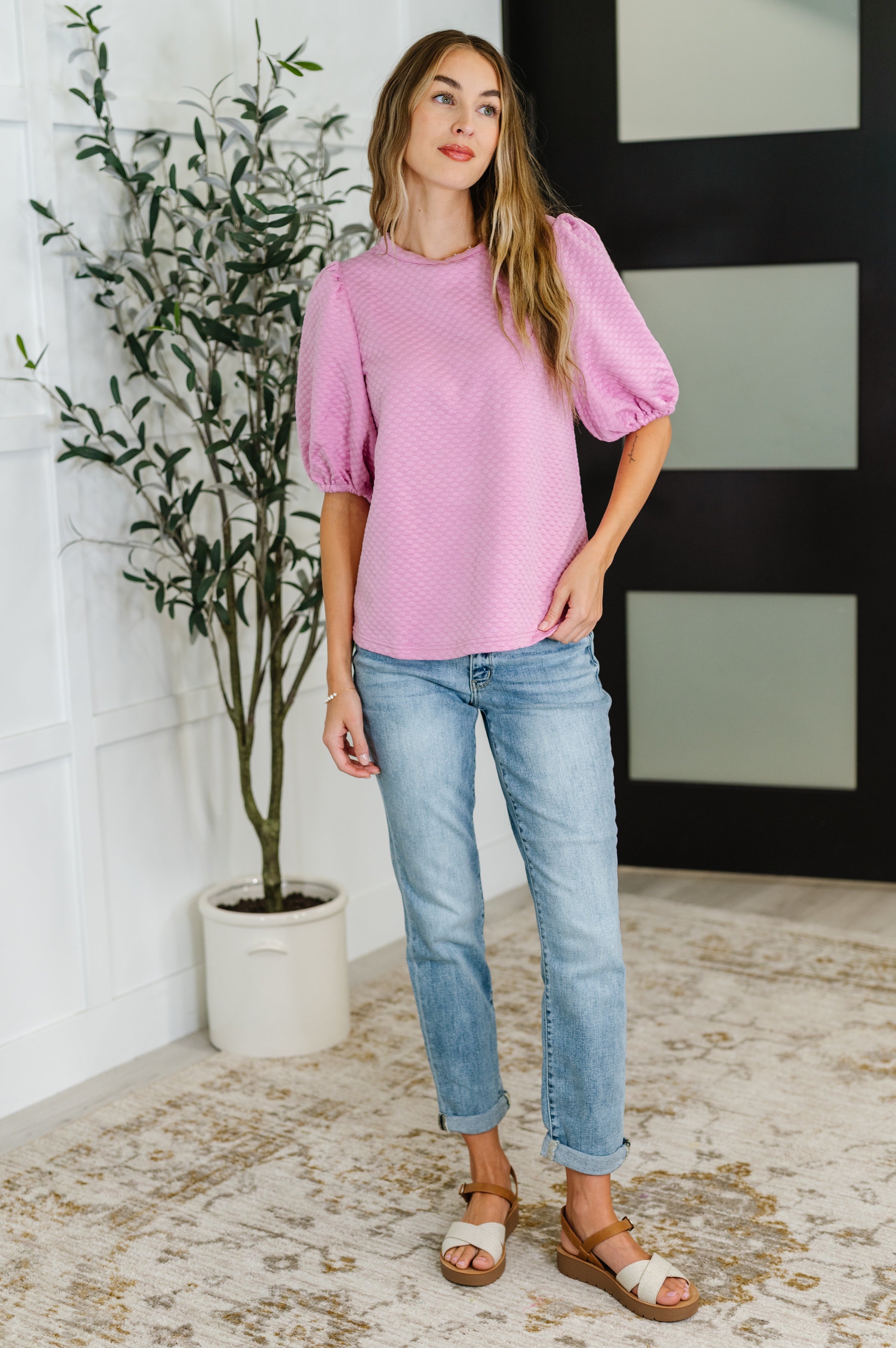 Textured Balloon Sleeve Blouse in Pink Womens Ave Shops- Tilden Co.