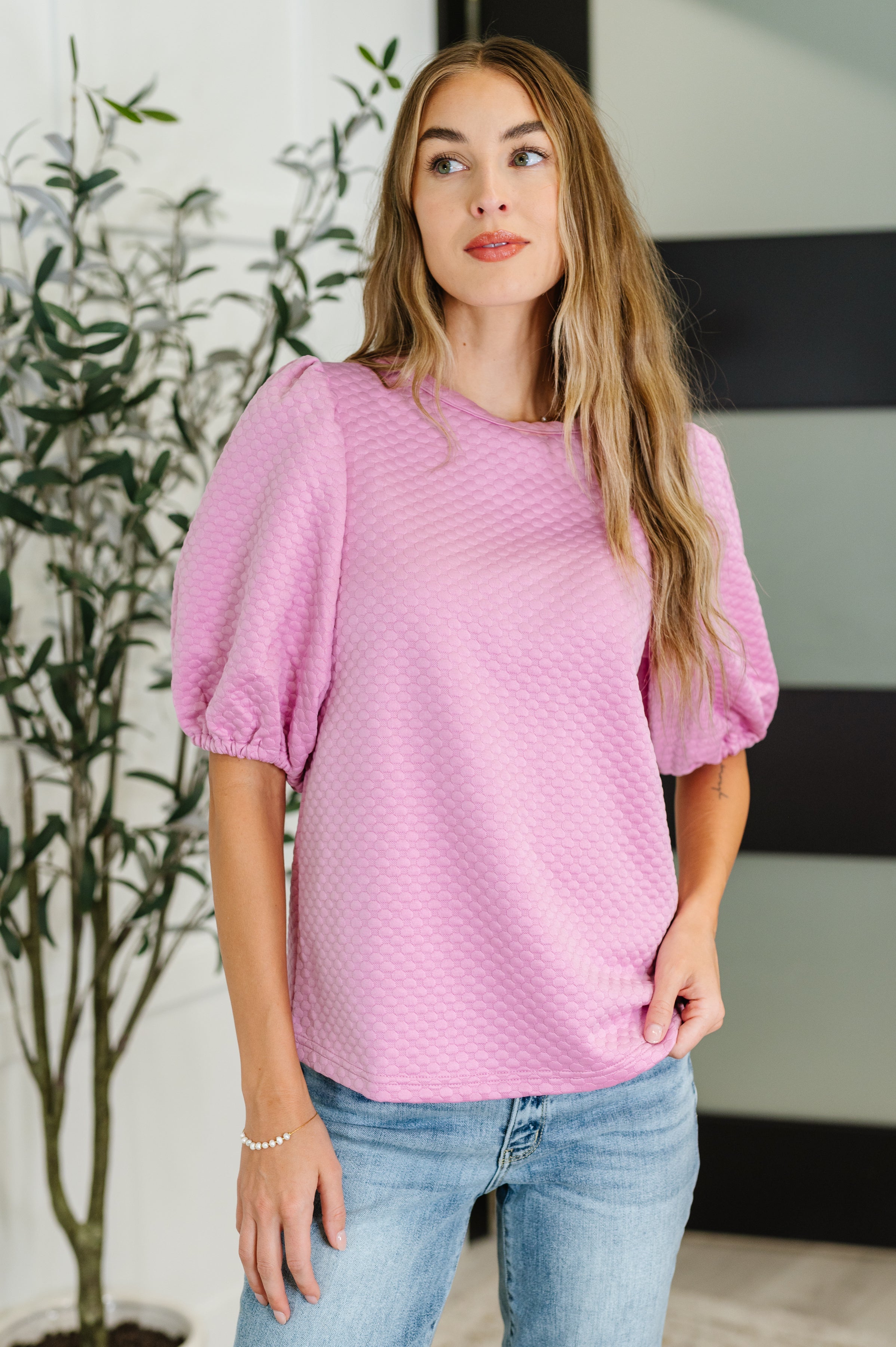 Textured Balloon Sleeve Blouse in Pink Womens Ave Shops- Tilden Co.
