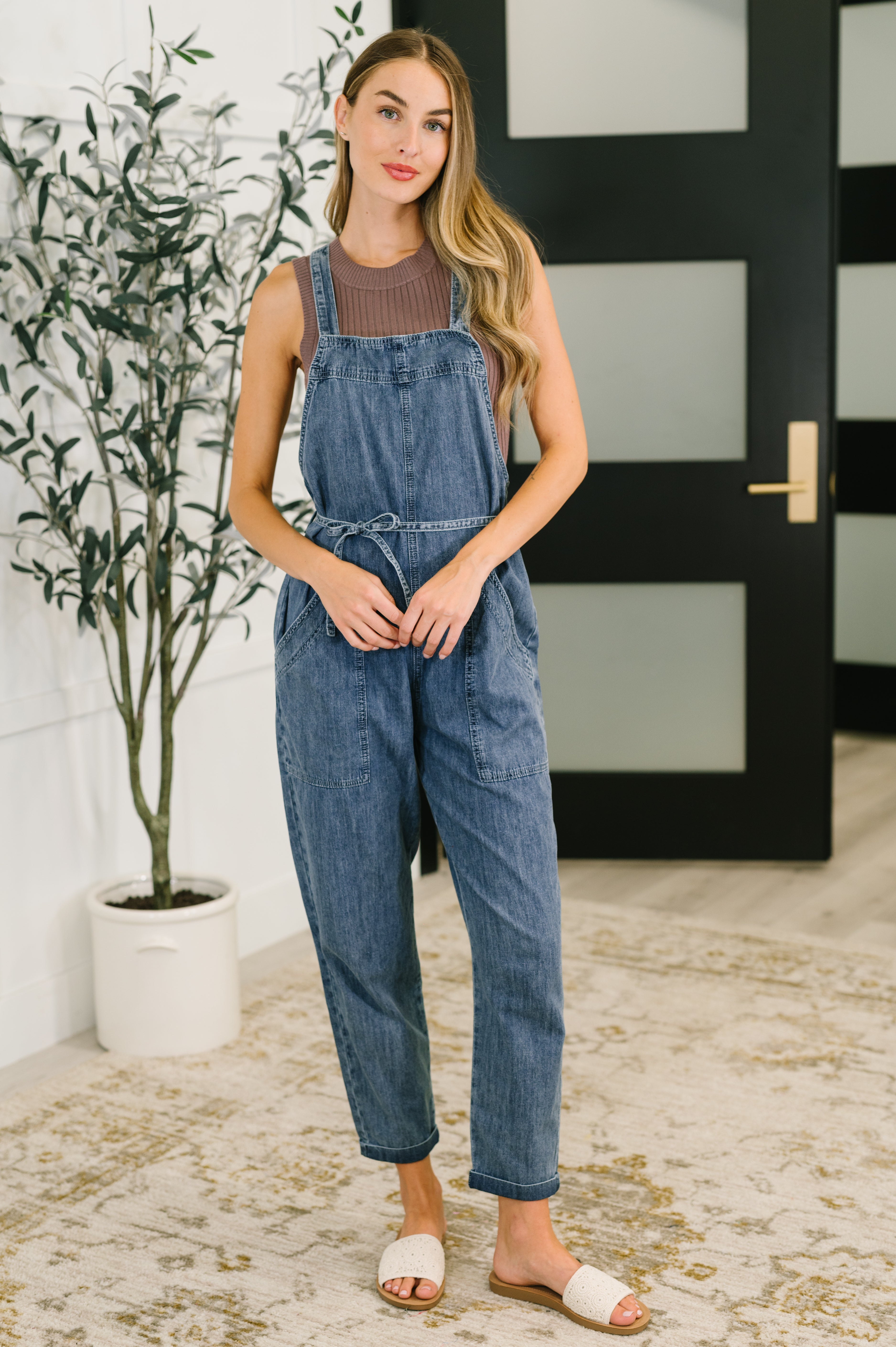 Too Cute to Compute Waist Tie Overalls in Dark Blue Womens Ave Shops- Tilden Co.